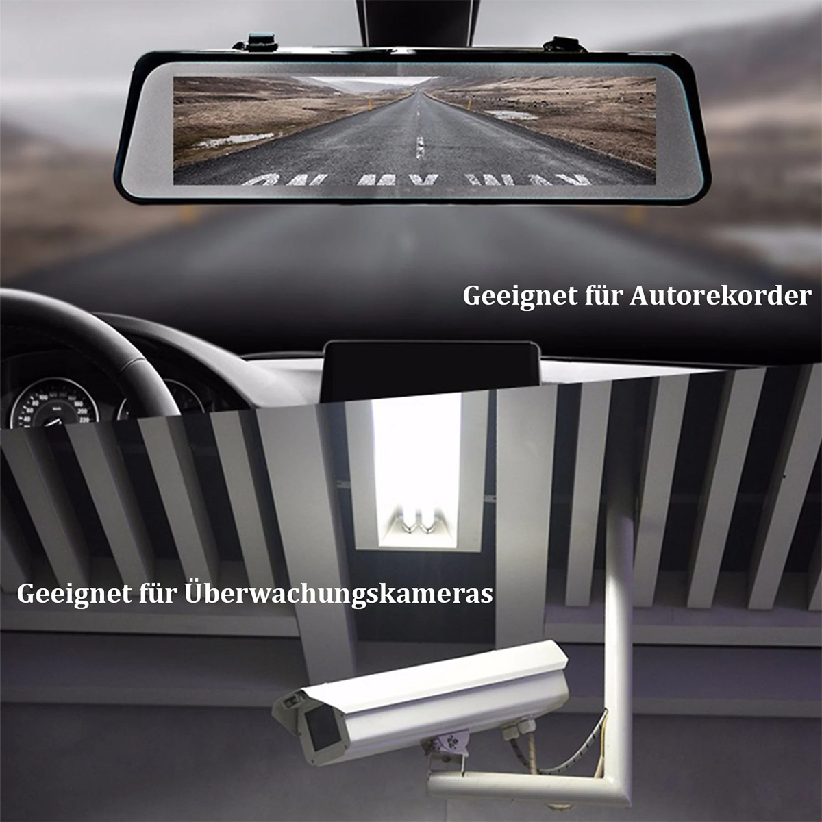 Zwei Bilder von Autospiegeln und Überwachungskameras. Text weist auf Eignung für Rekorder und Kameras hin.