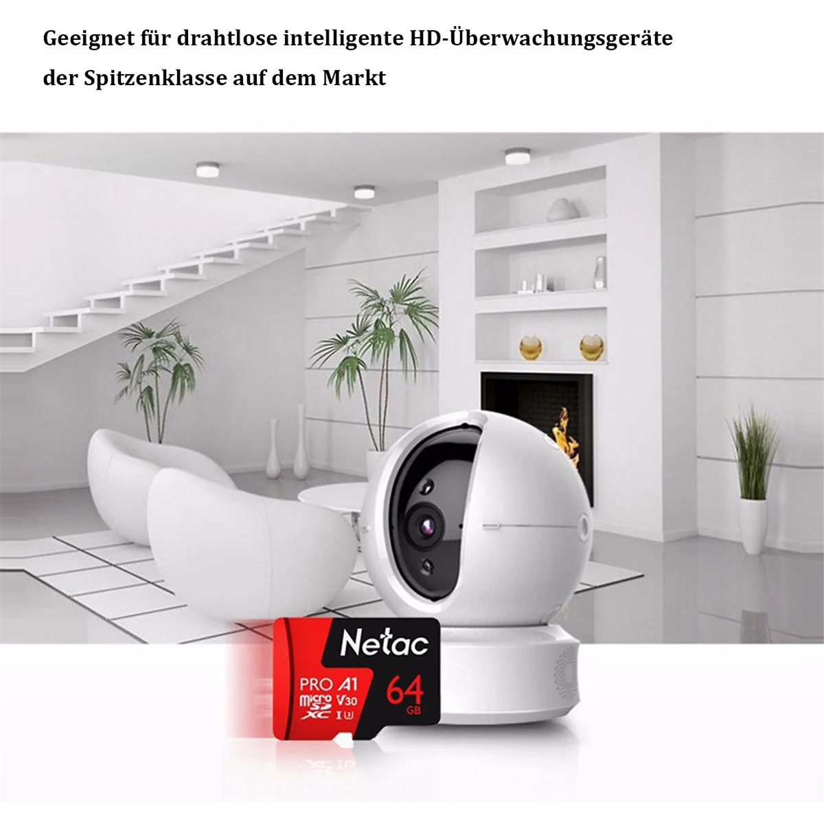 Weiße Überwachungskamera mit roter SD-Karte davor. Raum hat weiße Möbel und einen Kamin.