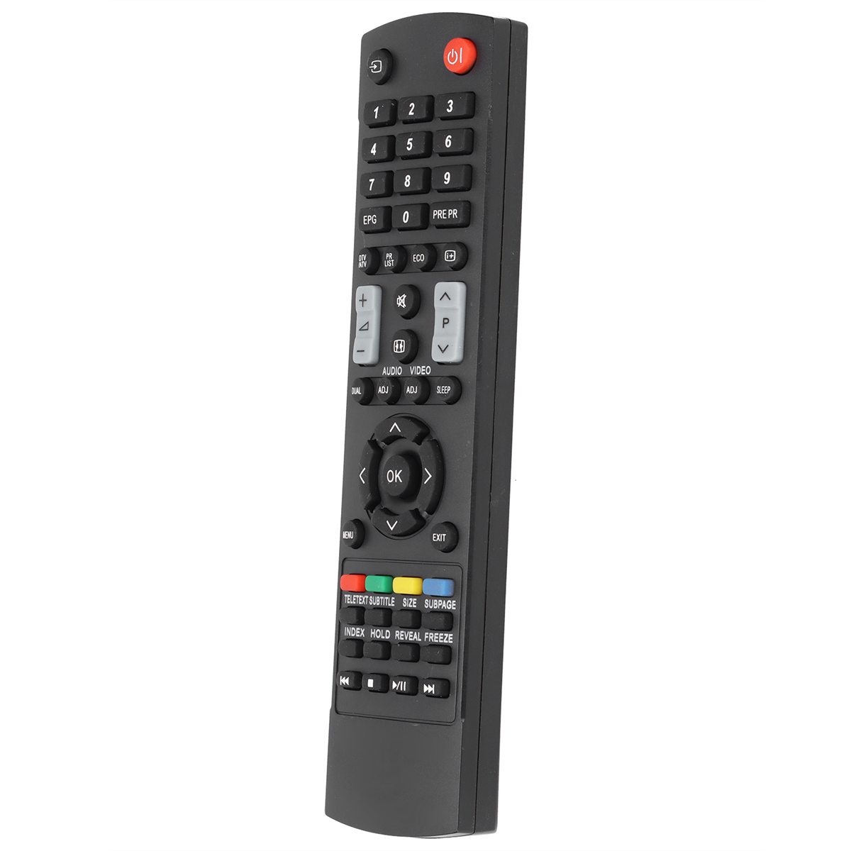 Eine schwarze TV-Fernbedienung mit vielen Tasten. Es gibt Zifferntasten, Menü- und Lautstärkeregler.