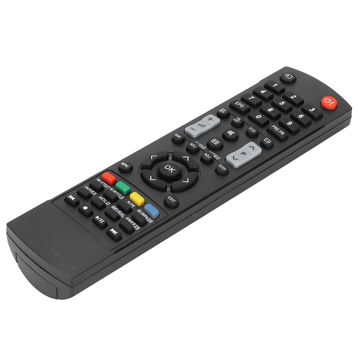 Schwarze TV-Fernbedienung. Tasten mit verschiedenen Funktionen und Farben. Rote Einschalttaste oben.
