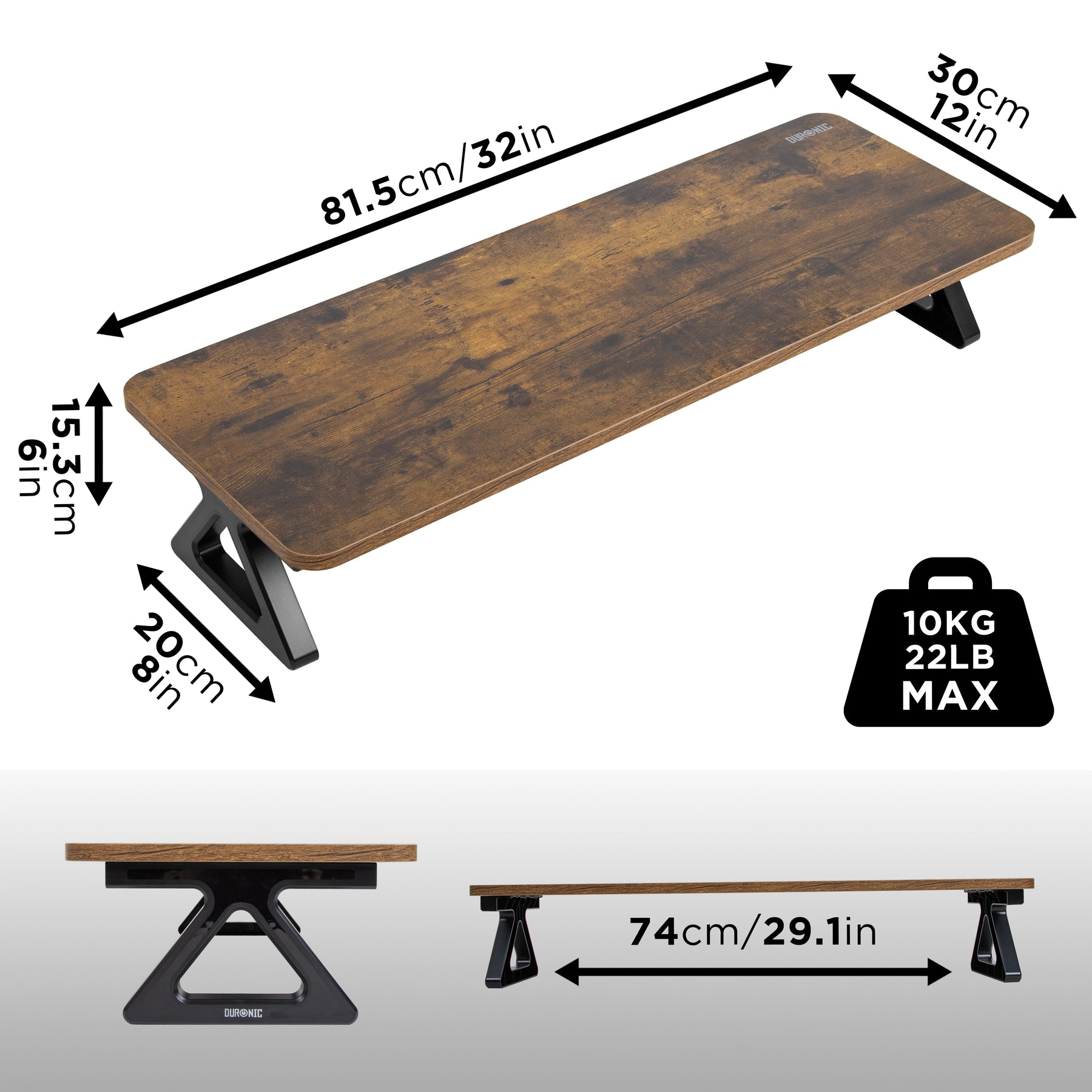 Holzschreibtisch mit Abmessungen und Gewichtsangaben, schwarze Beine.