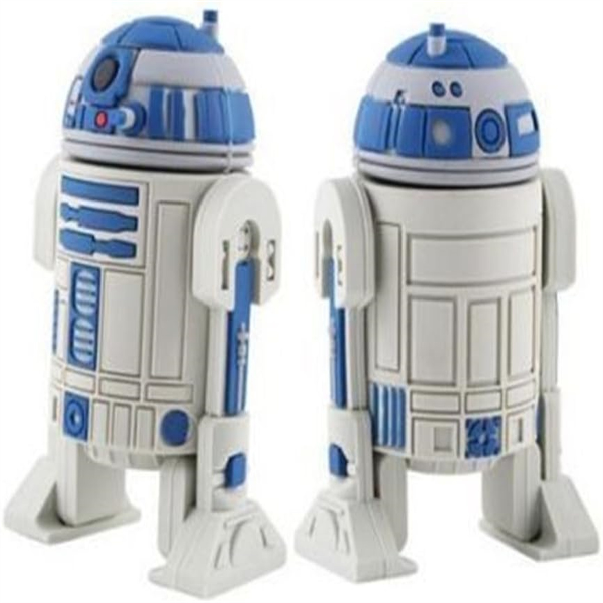 Zwei R2-D2 Figuren, weiß und blau. Stehen nebeneinander. Weißer Hintergrund.