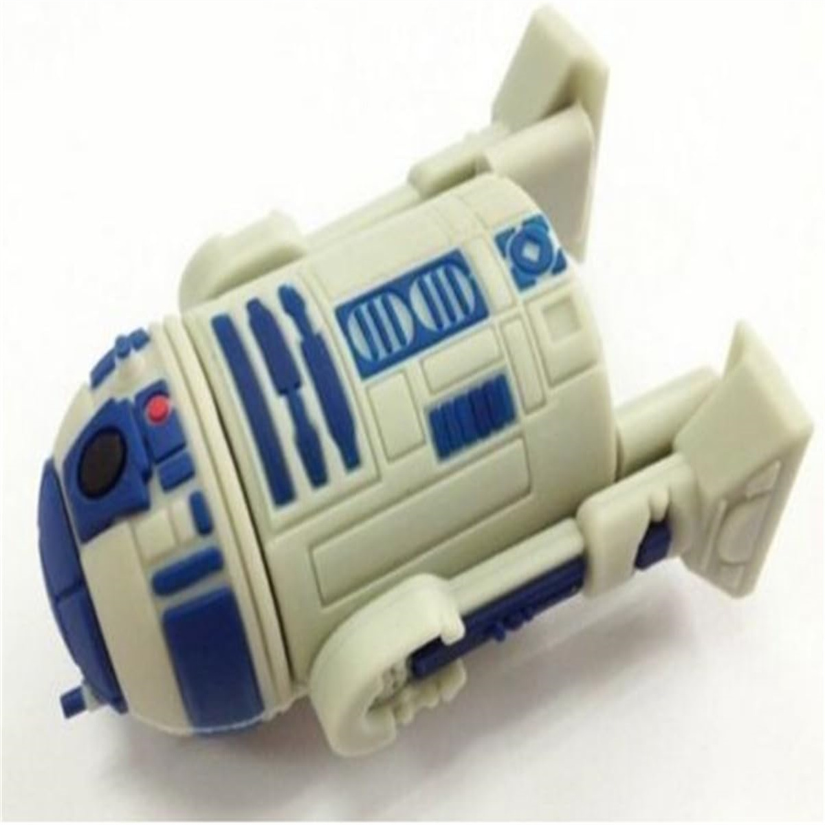 R2-D2 Spielzeug. Das Spielzeug ist weiß und blau, mit zylindrischem Körper und zwei Beinen.