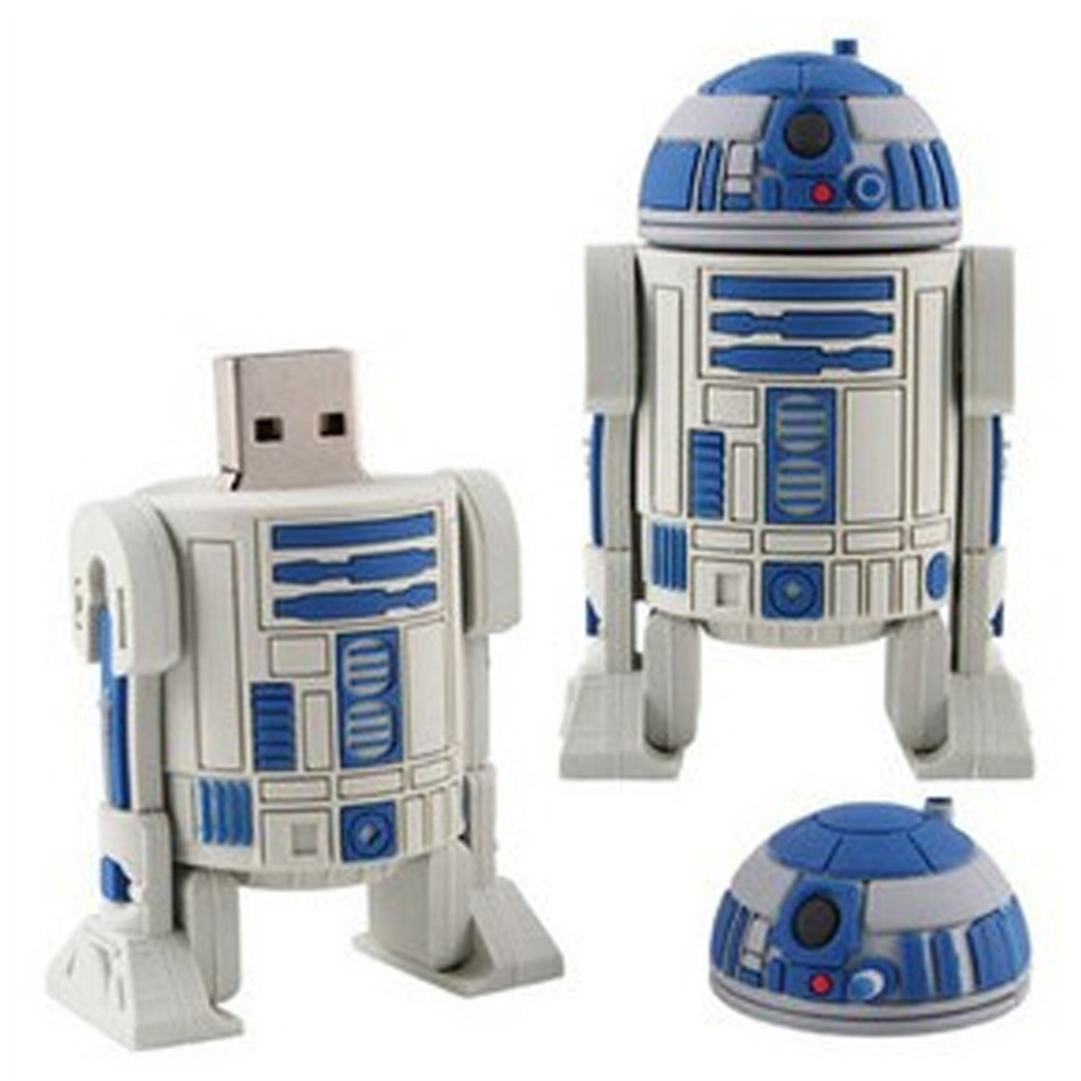Drei Star Wars R2-D2 Figuren, ein USB-Laufwerk, auf weißem Hintergrund.