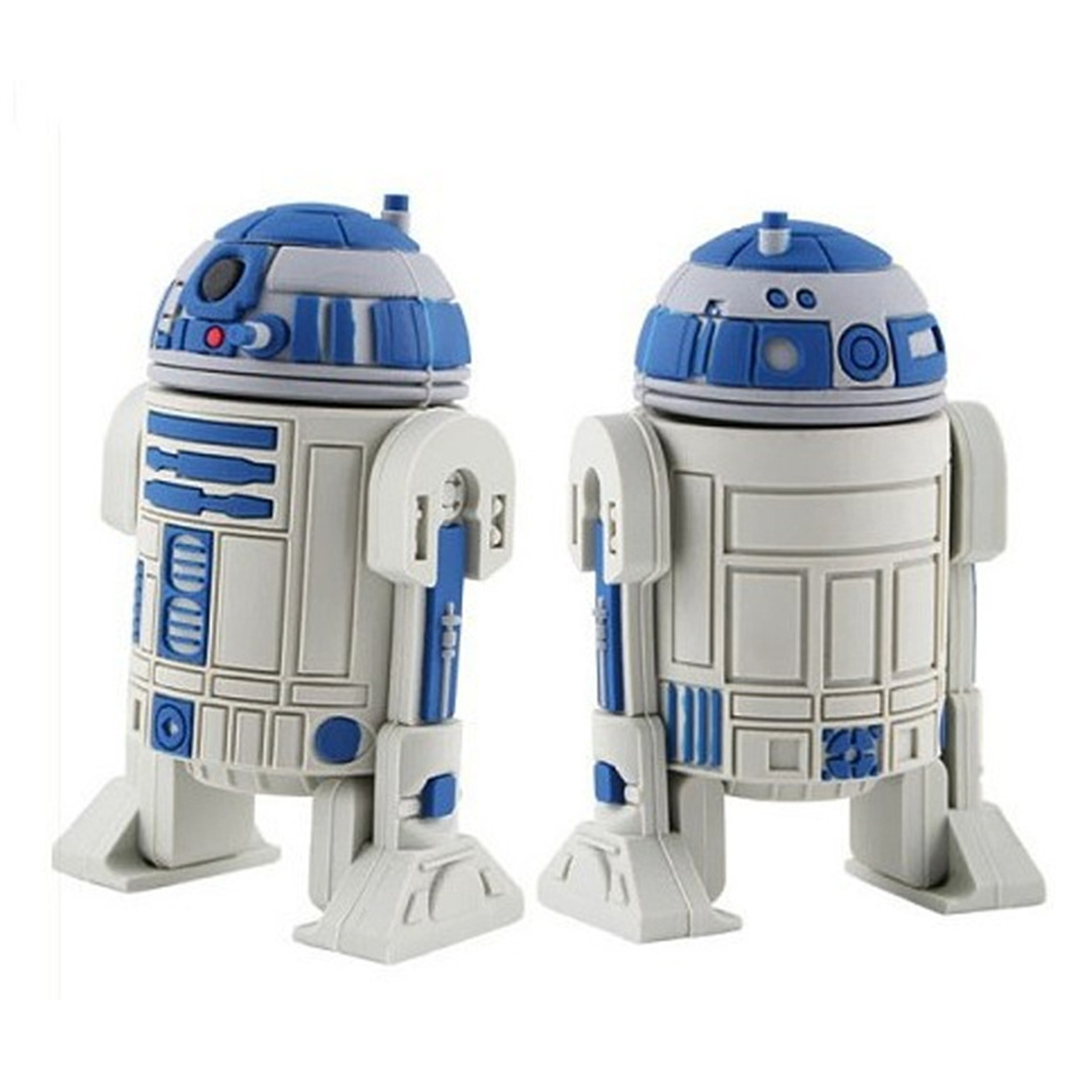 Zwei R2-D2-Figuren. Weiß und blau gefärbt, mit ähnlichen Formen.
