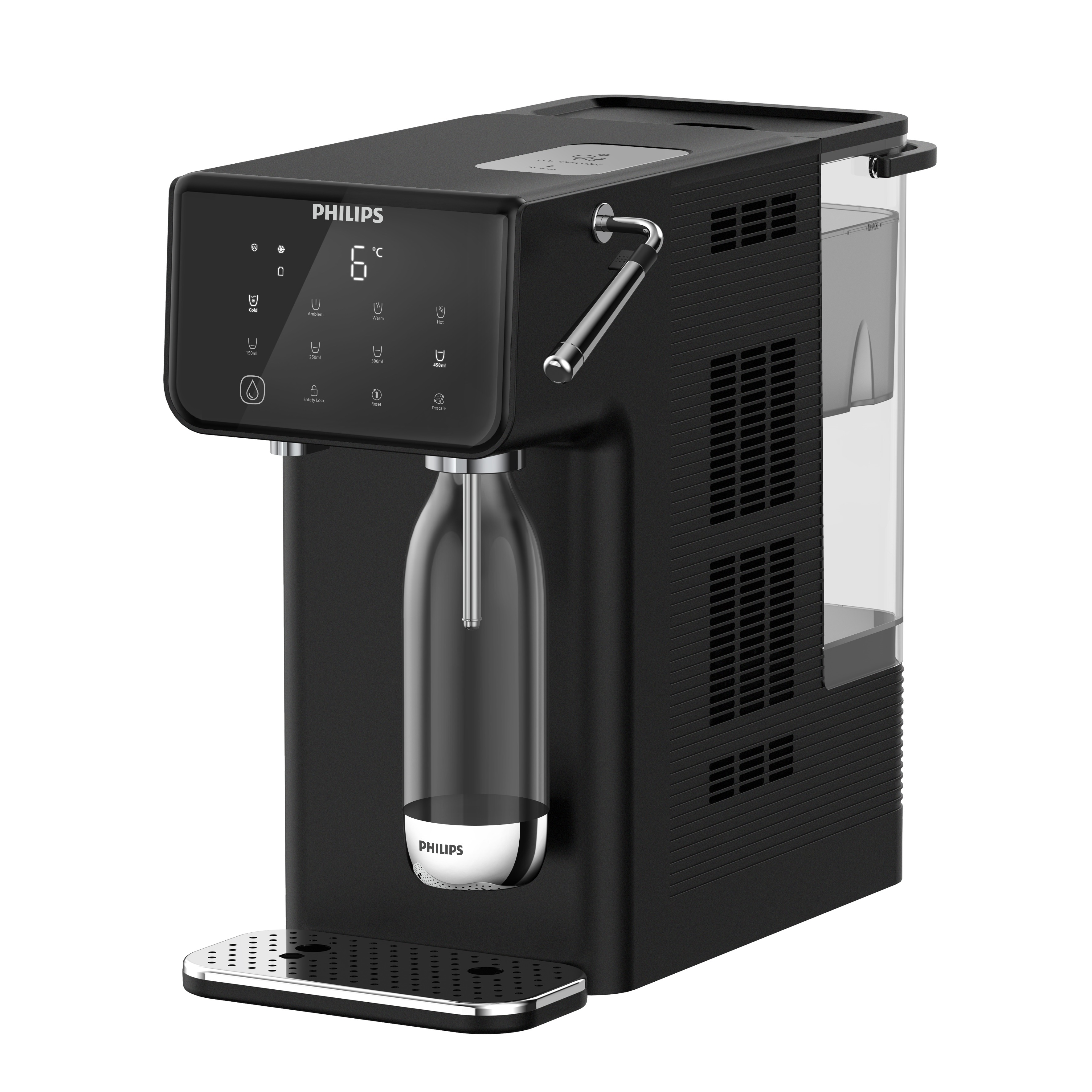 Erogatore d'acqua Philips nero con bottiglia d'acqua trasparente. L'erogatore ha un display digitale.