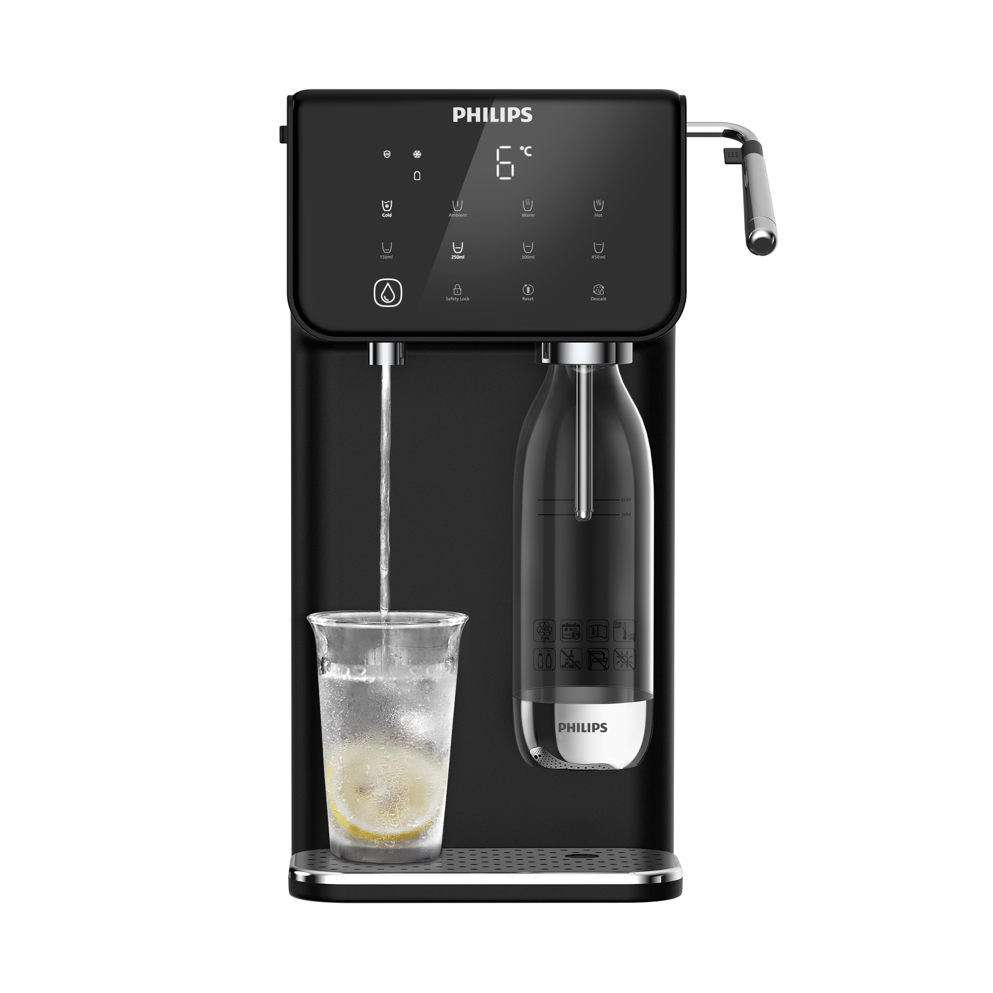 Erogatore d'acqua Philips nero con bicchiere e bottiglia, isolato su bianco.