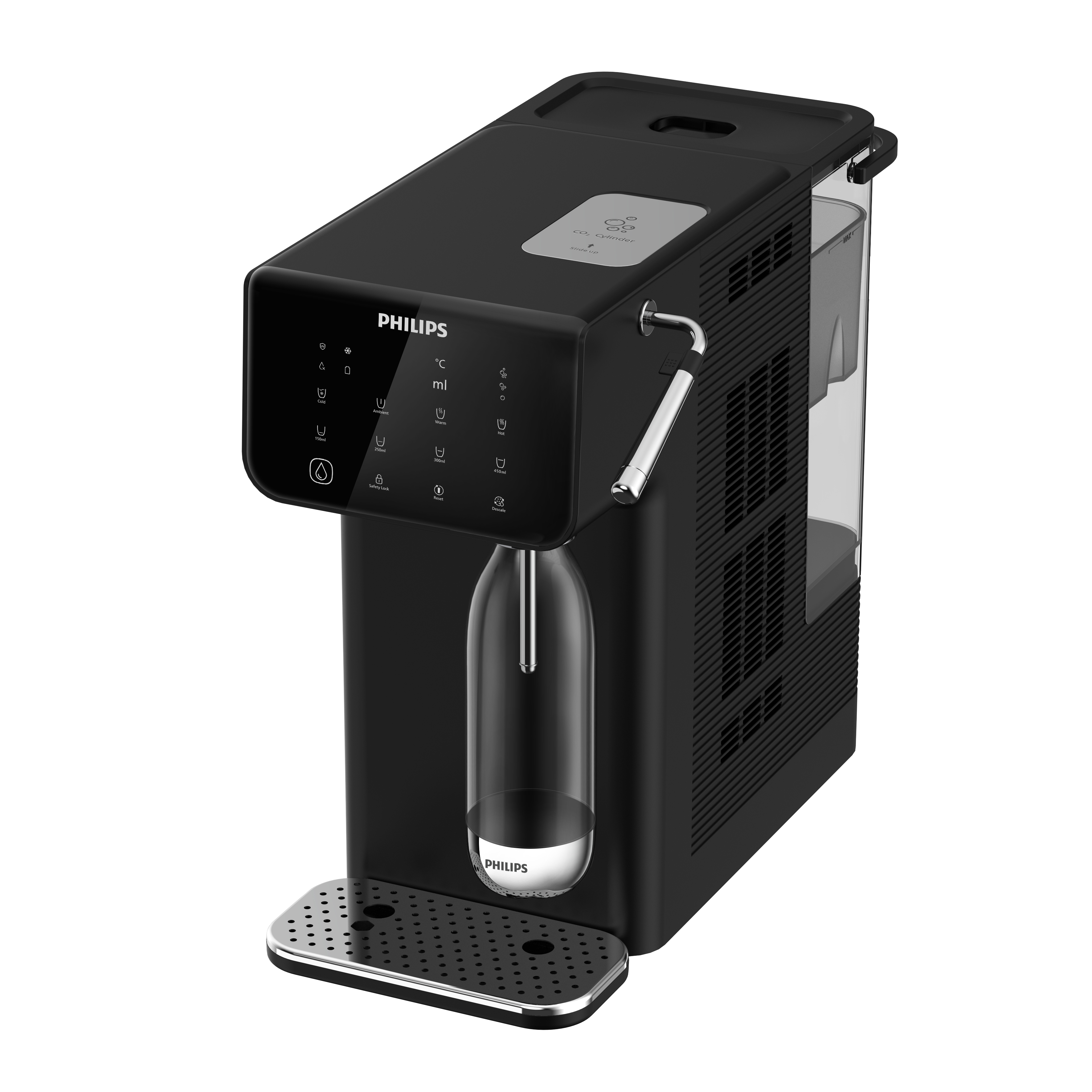 Erogatore d'acqua Philips nero con comandi e un serbatoio dell'acqua.