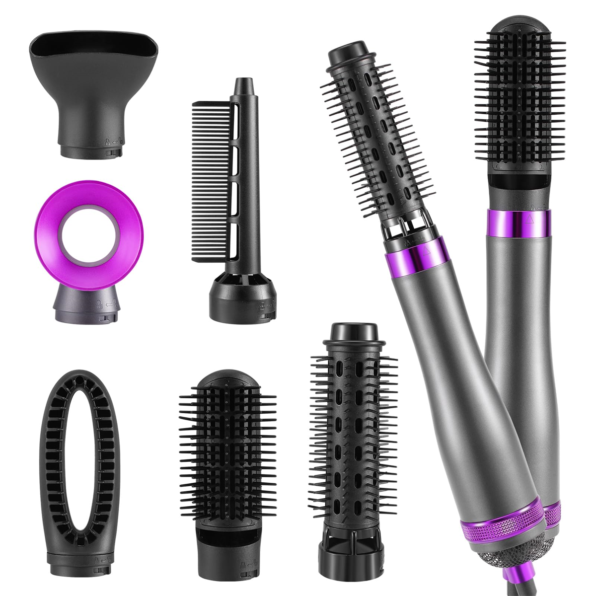 Aufsätze für Haartrockner, darunter eine Düse, Bürsten und Styler. Grau und schwarz mit lila Akzenten. Weißer Hintergrund.