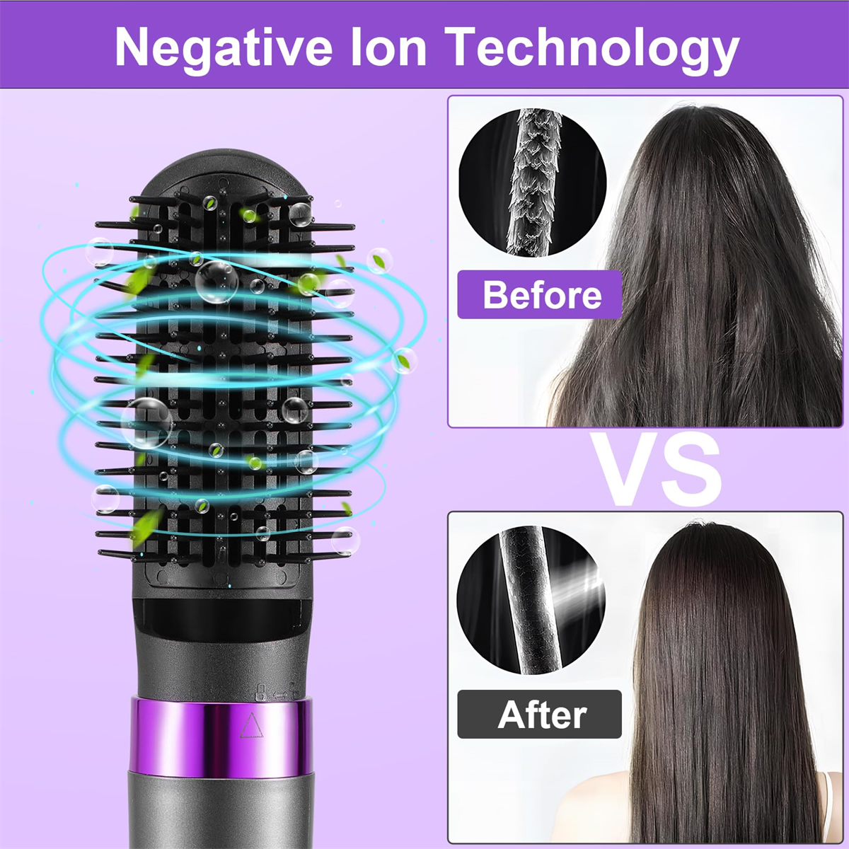 Eine Haarbürste mit lila Griff. Vergleichsbilder zeigen Haare vor und nach der Anwendung.