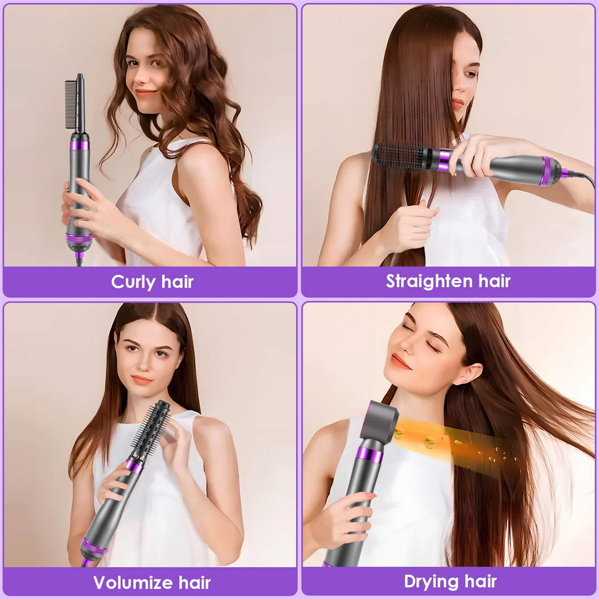 Vier Bilder, die die Verwendung eines Haarstyling-Tools zeigen: locken, glätten, voluminös machen und trocknen.