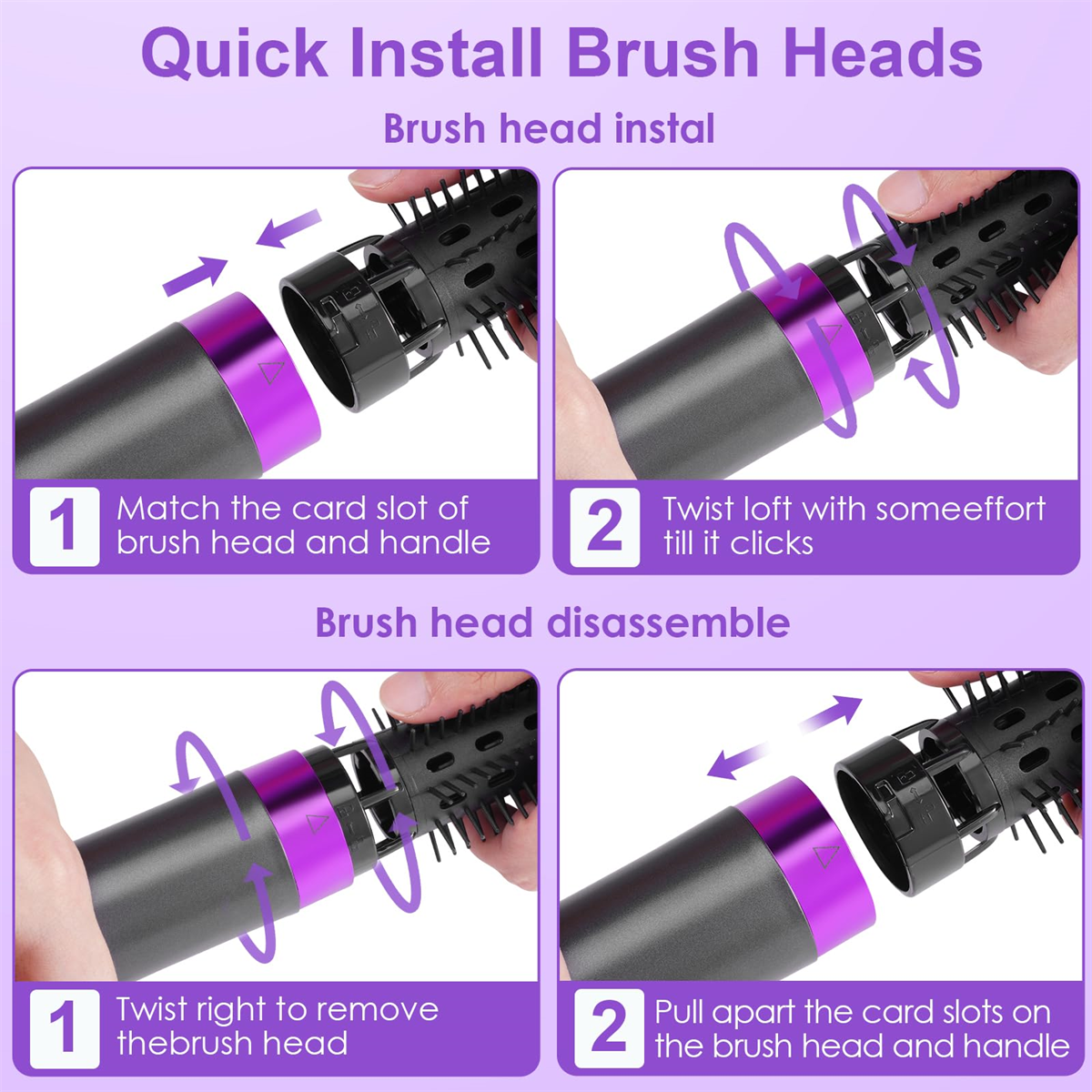 Diagramm zum Installieren und Entfernen von Bürstenköpfen für ein Haarstyling-Tool. Lila Akzente werden verwendet.
