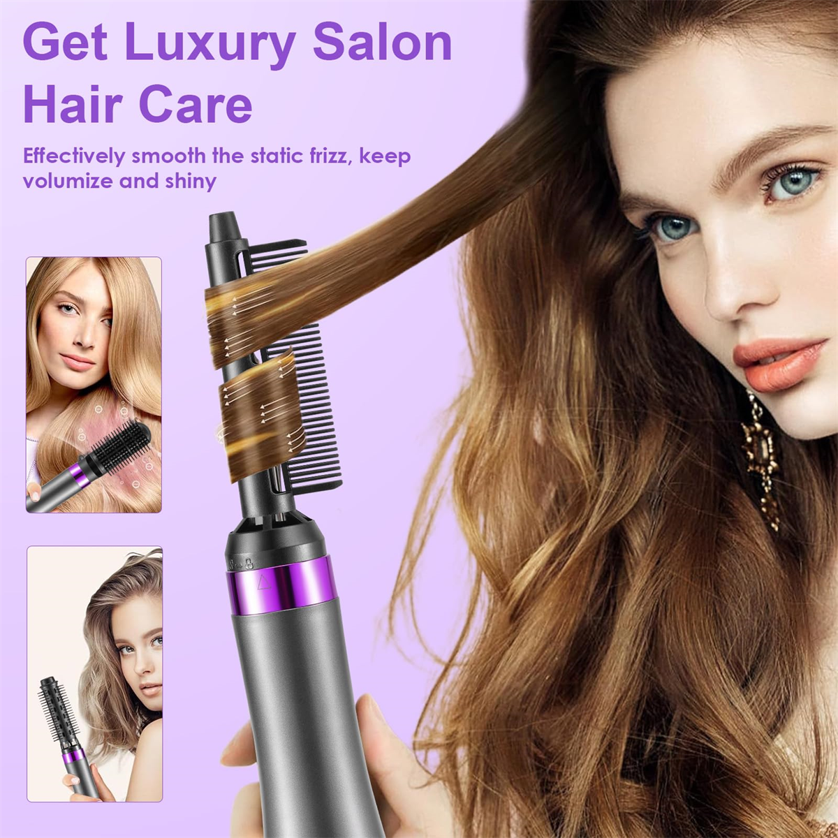 Frau, die ein Haarstyling-Tool verwendet, mit mehreren Bildern von Frauen mit gestyltem Haar.