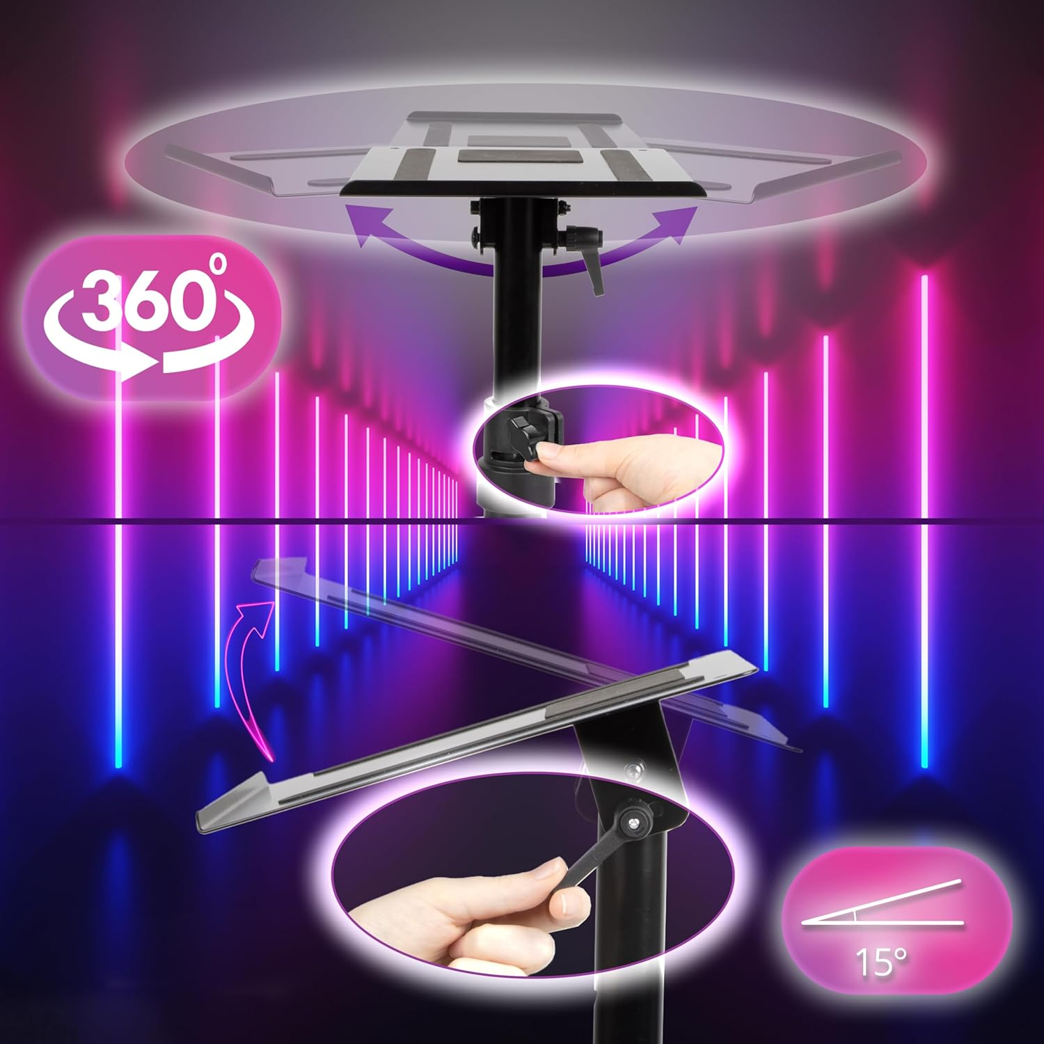 Ein Podestständer mit verstellbaren Funktionen, einschließlich 360-Grad-Drehung, Neigung und Höhenverstellung, mit Neonlichtern.