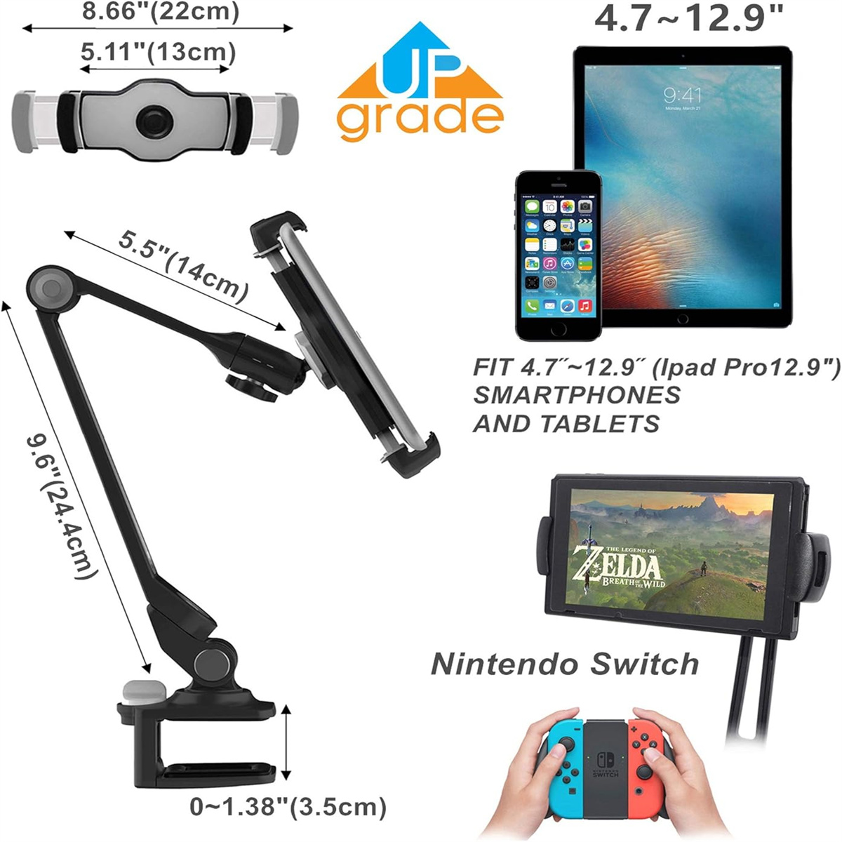 Ein schwarz-grauer Tablethalter, der ein Tablet und ein Smartphone unterstützt. Text zeigt Abmessungen.
