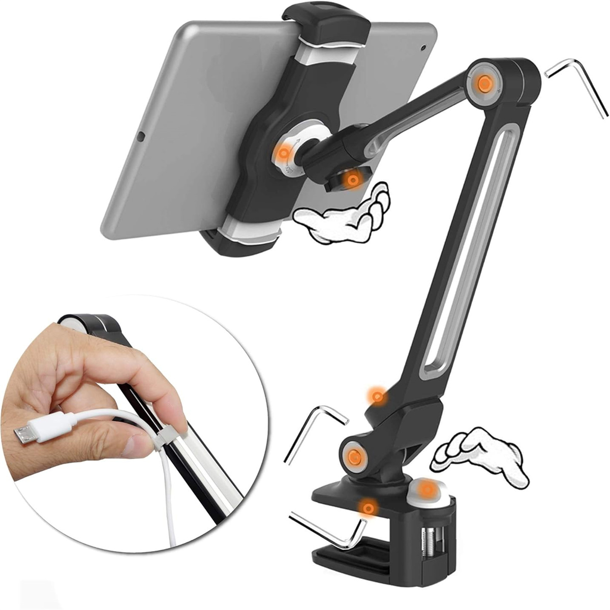 Tablet-Halterung mit verstellbarem Arm und Klemme. Verfügt über eine Tablette und Handillustrationen.