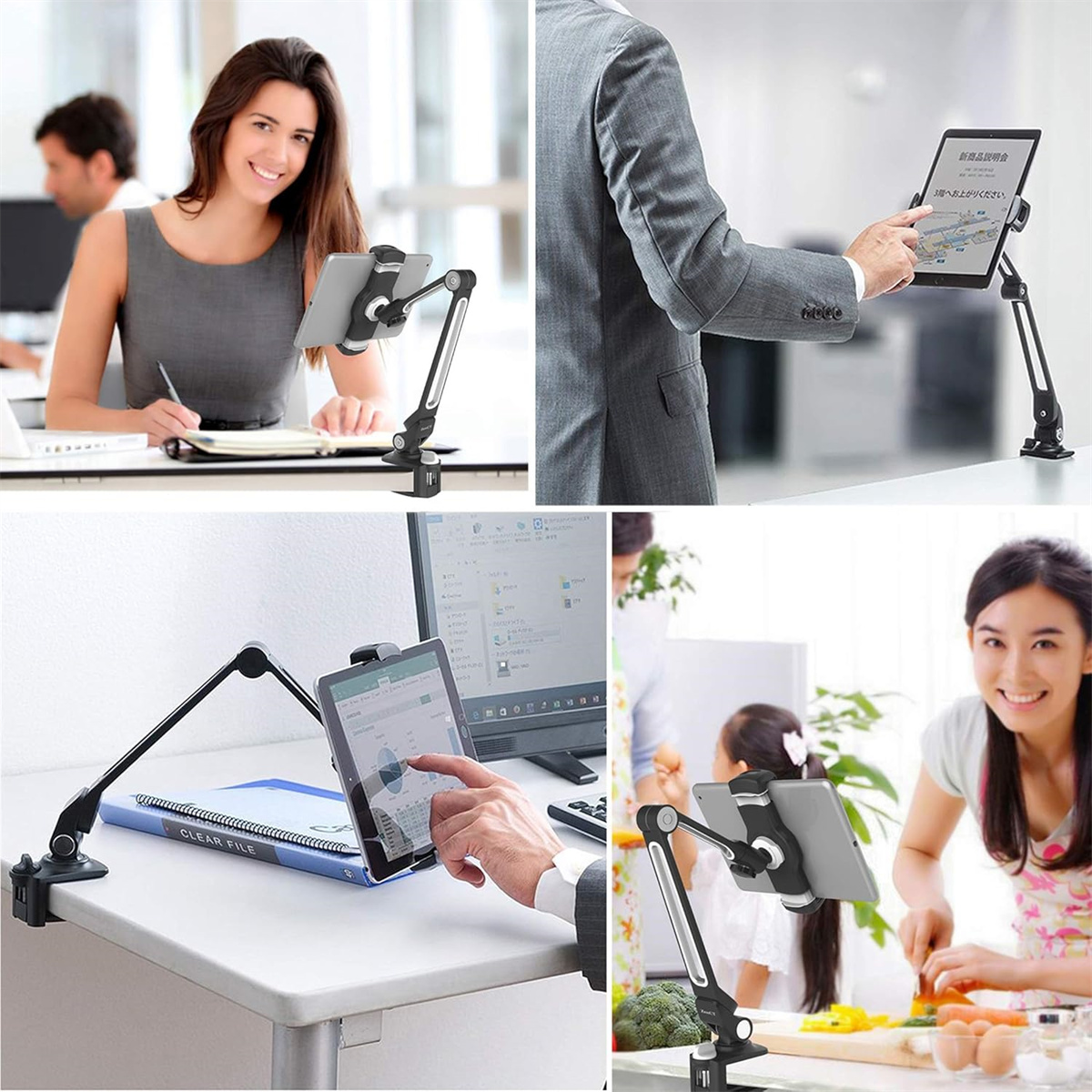 Personen, die Tablets auf Schreibtischständern verwenden. Frau lächelt im Büro. Mann und Frau in der Küche.