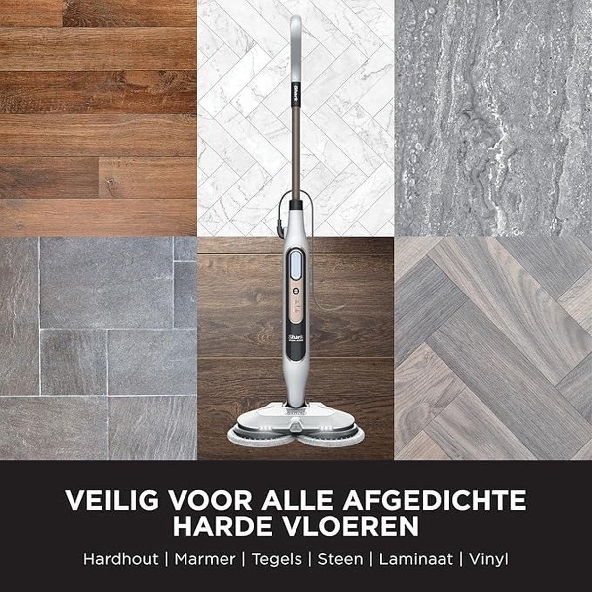 Dampfmopp auf verschiedenen Bodenbelägen: Holz, Marmor, Fliesen, Stein, Laminat und Vinyl.