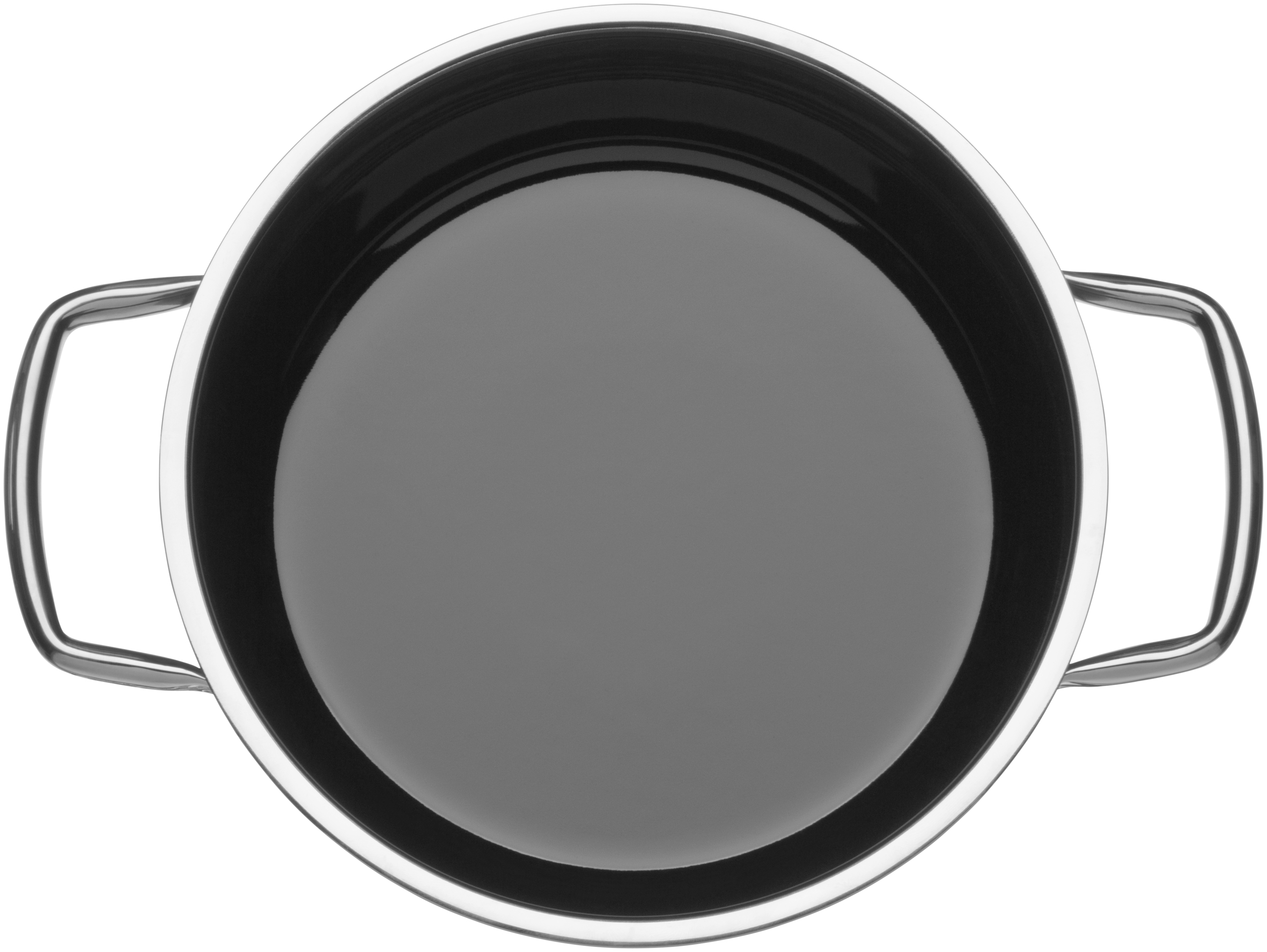 Draufsicht auf einen Edelstahltopf mit Griffen. Schwarze Innenseite.