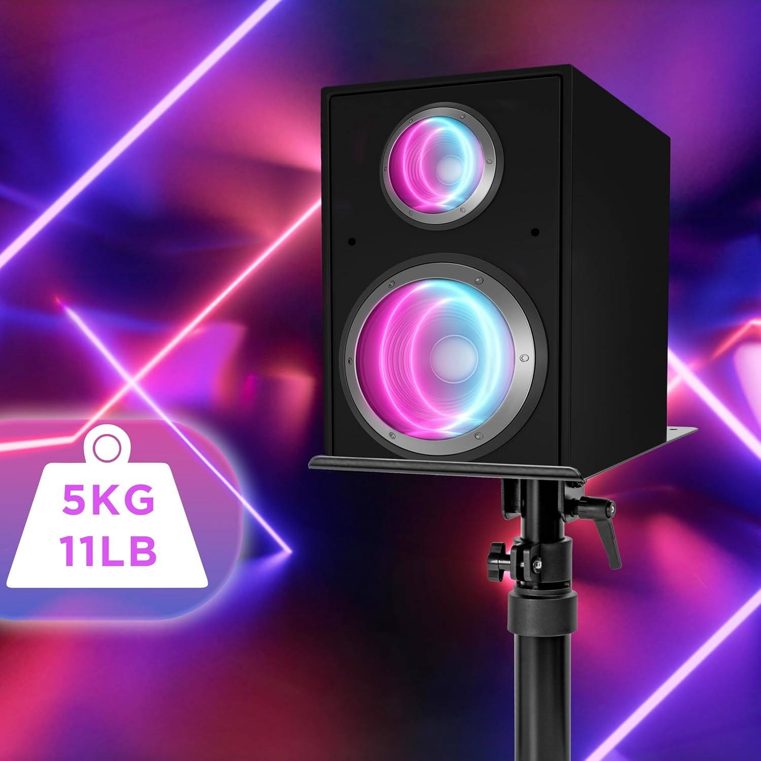 Schwarzer Lautsprecher auf Ständer. Pinker und blauer Neonlicht-Hintergrund. Gewicht: 5KG/11LB.