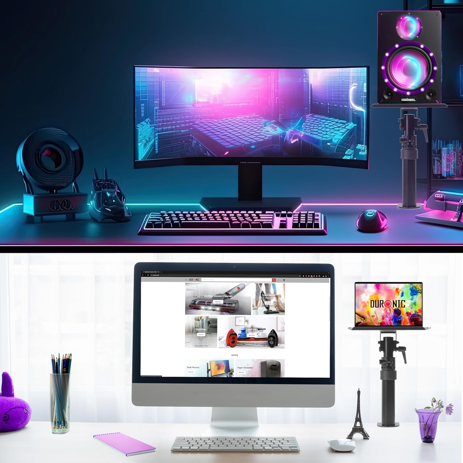 Ein Desktop-Setup mit einem gebogenen Monitor, Tastatur, Maus und Lautsprechern. Ein Laptop-Setup auf einem weißen Schreibtisch.
