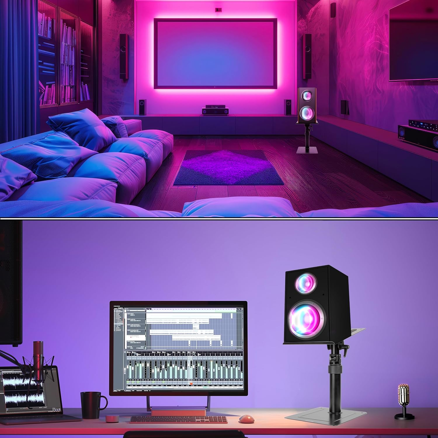 Heimkino-Setup mit Lautsprechern auf Ständern, einem Computer und einem Monitor.