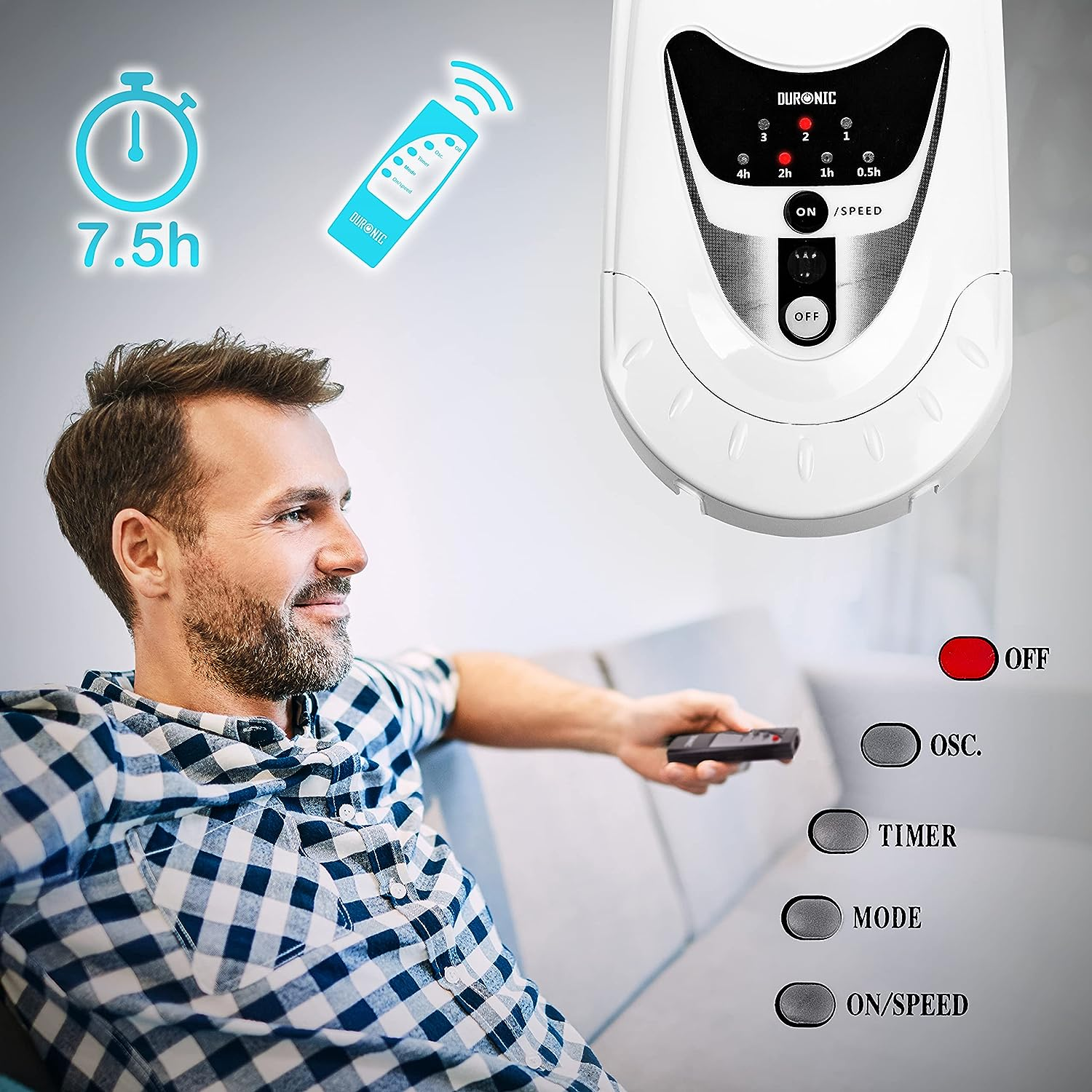 Mann, der einen weißen Ventilator mit Fernbedienung benutzt. Der Ventilator hat ein Display.
