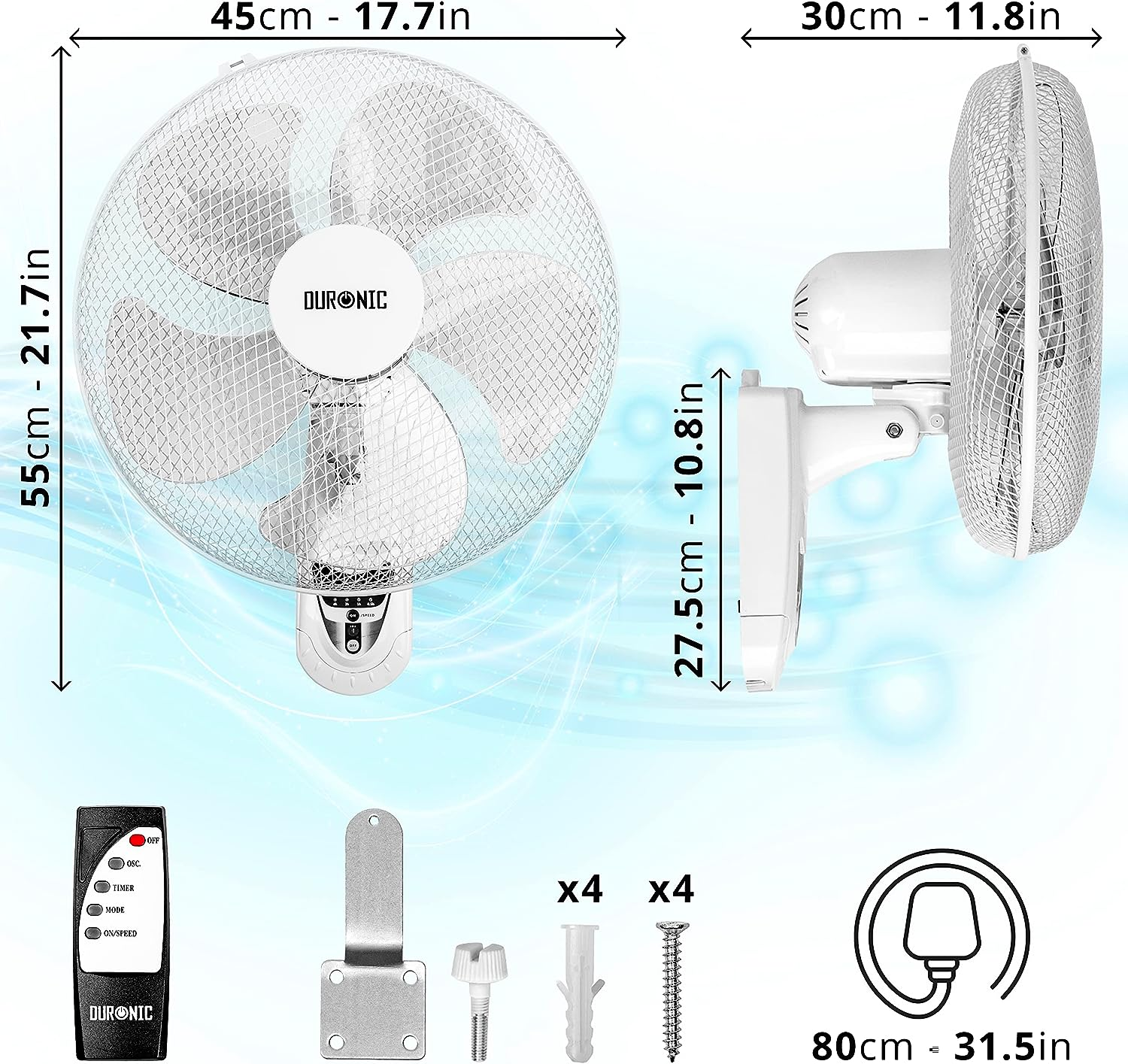 Weißer Wandventilator, Seitenansicht, mit Abmessungen und Fernbedienung auf blauem Hintergrund.