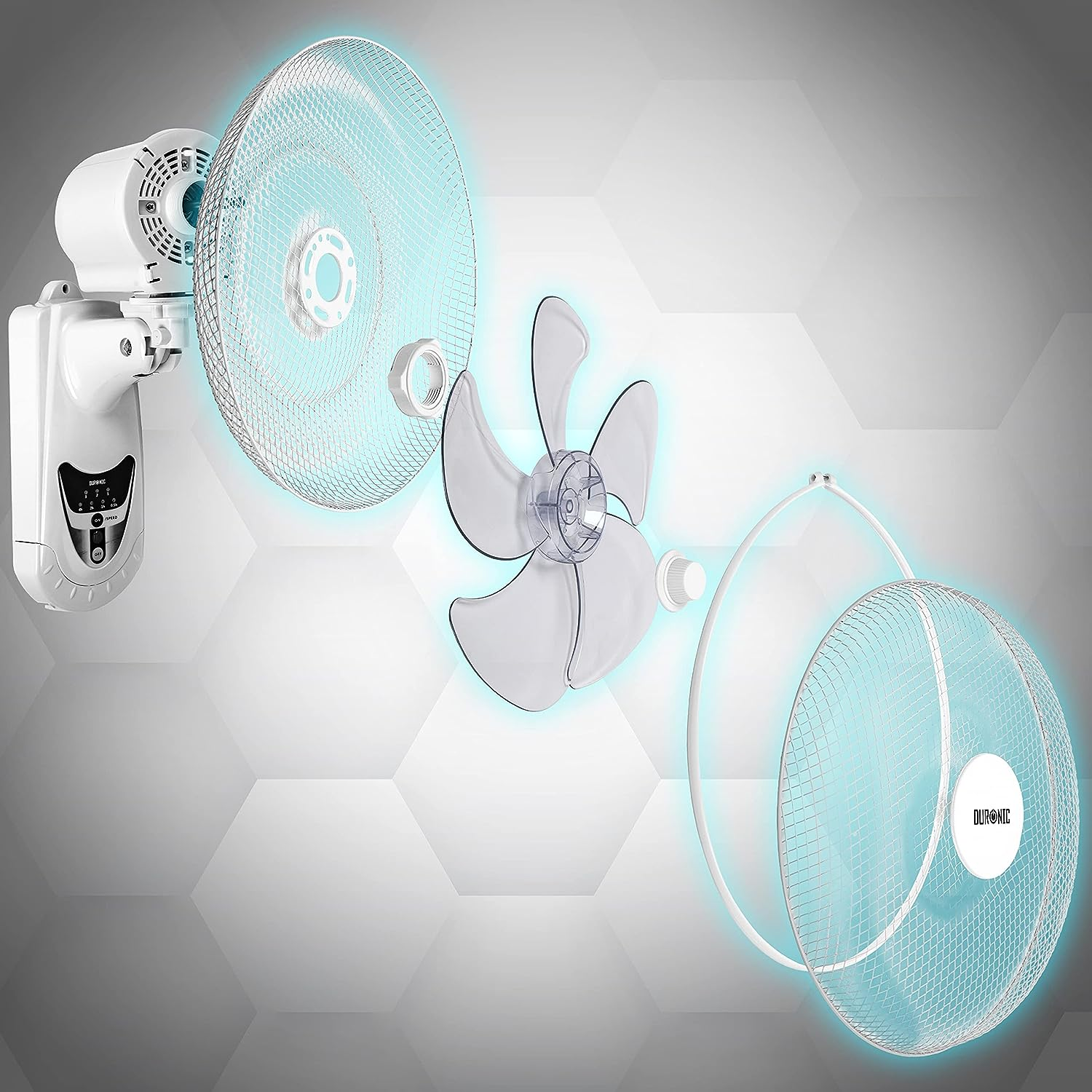 Explosionsansicht eines weißen Wandventilators mit transparenten Flügeln und blauem Lichteffekt.
