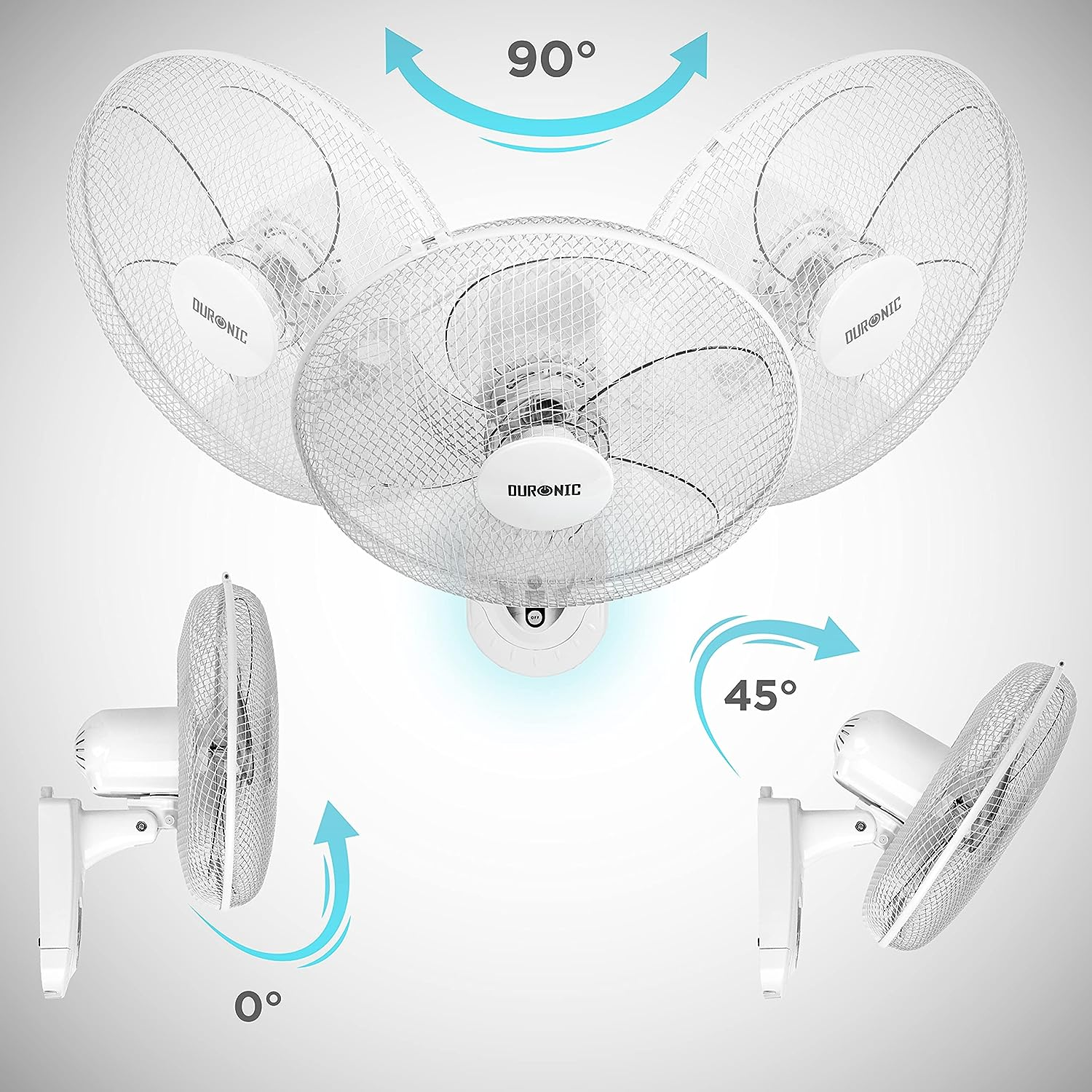 Drei weiße Ventilatoren an einer Wand montiert, zeigen verschiedene Winkel und Drehung.