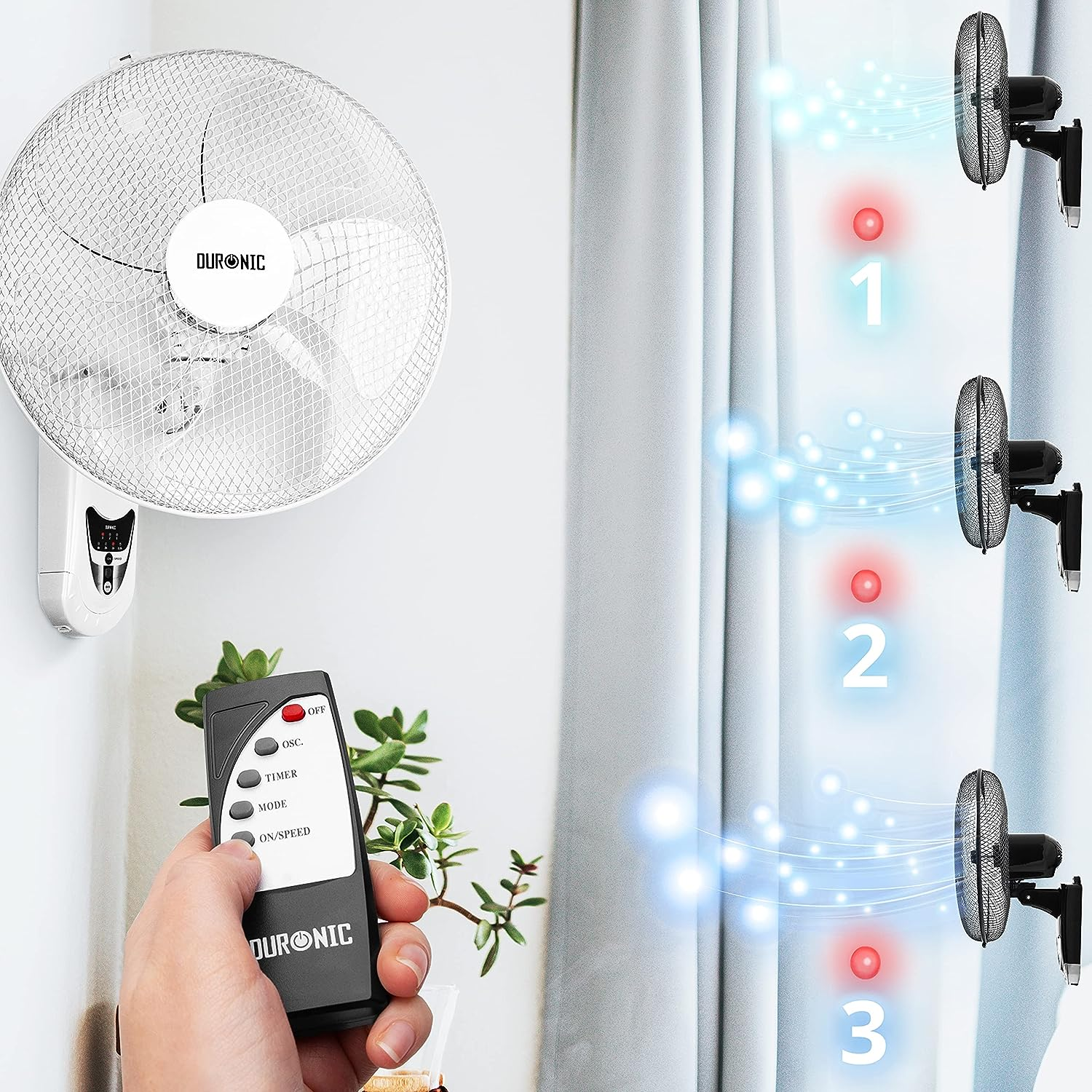 Wandventilator mit Fernbedienung. Drei Ventilatoren blasen Luft.