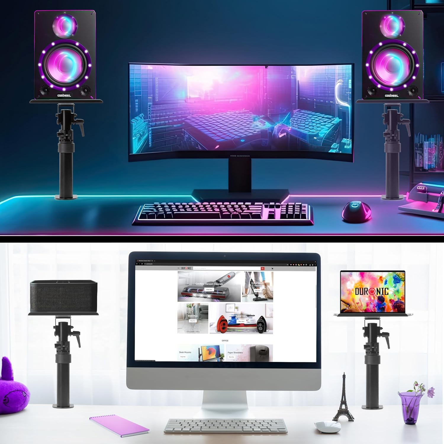 Zwei Setups, Lautsprecher auf Ständern. Eines mit einem gekrümmten Monitor.