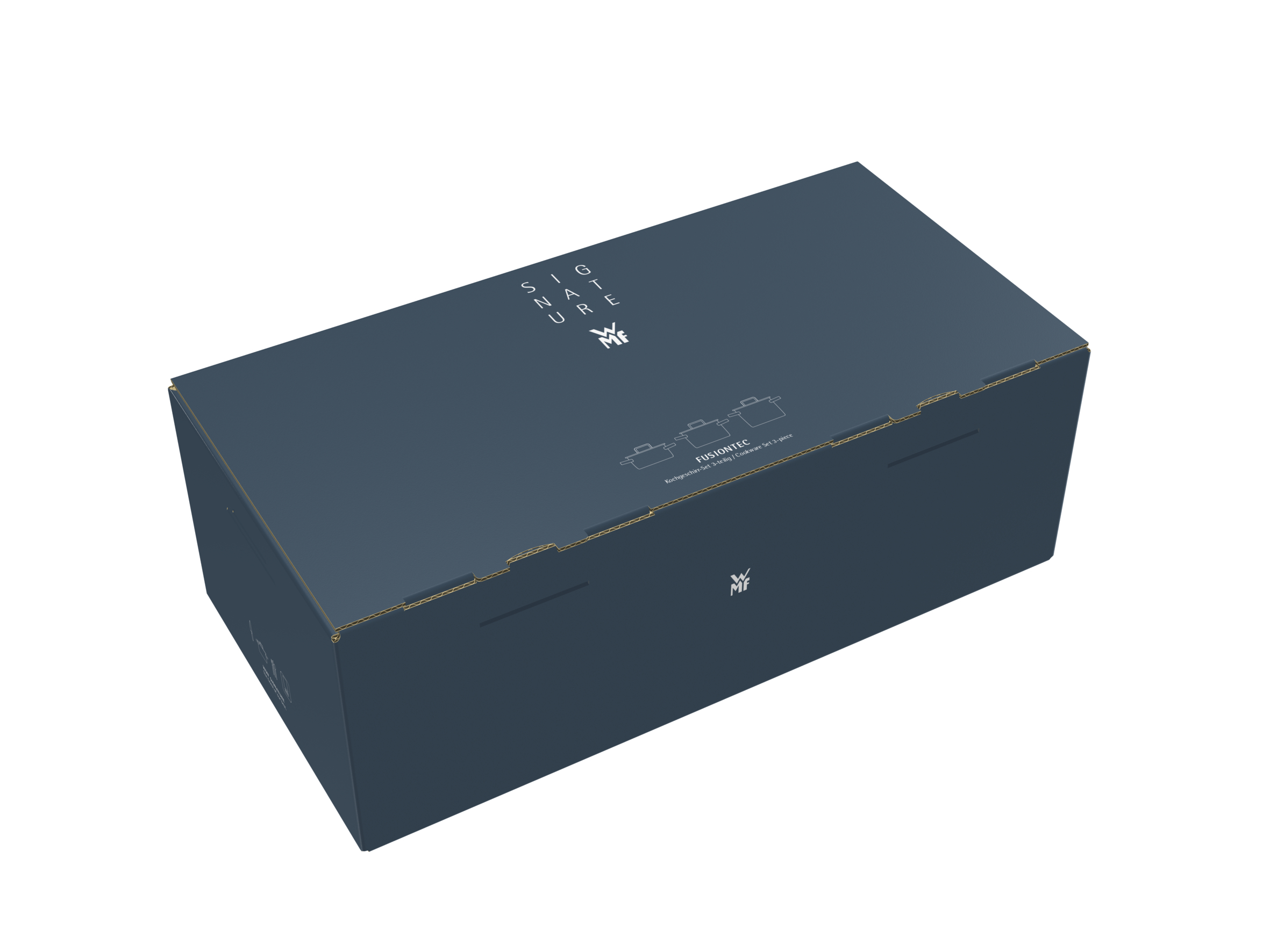 Marineblaue rechteckige Box mit Text und Logo, weißer Hintergrund, Draufsicht.