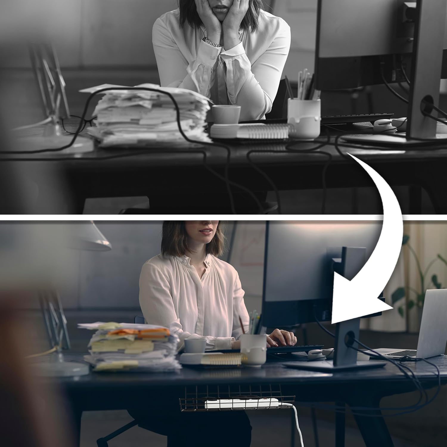 Vorher-Nachher-Bild einer Frau am Schreibtisch, gestresst dann glücklich, am Computer.