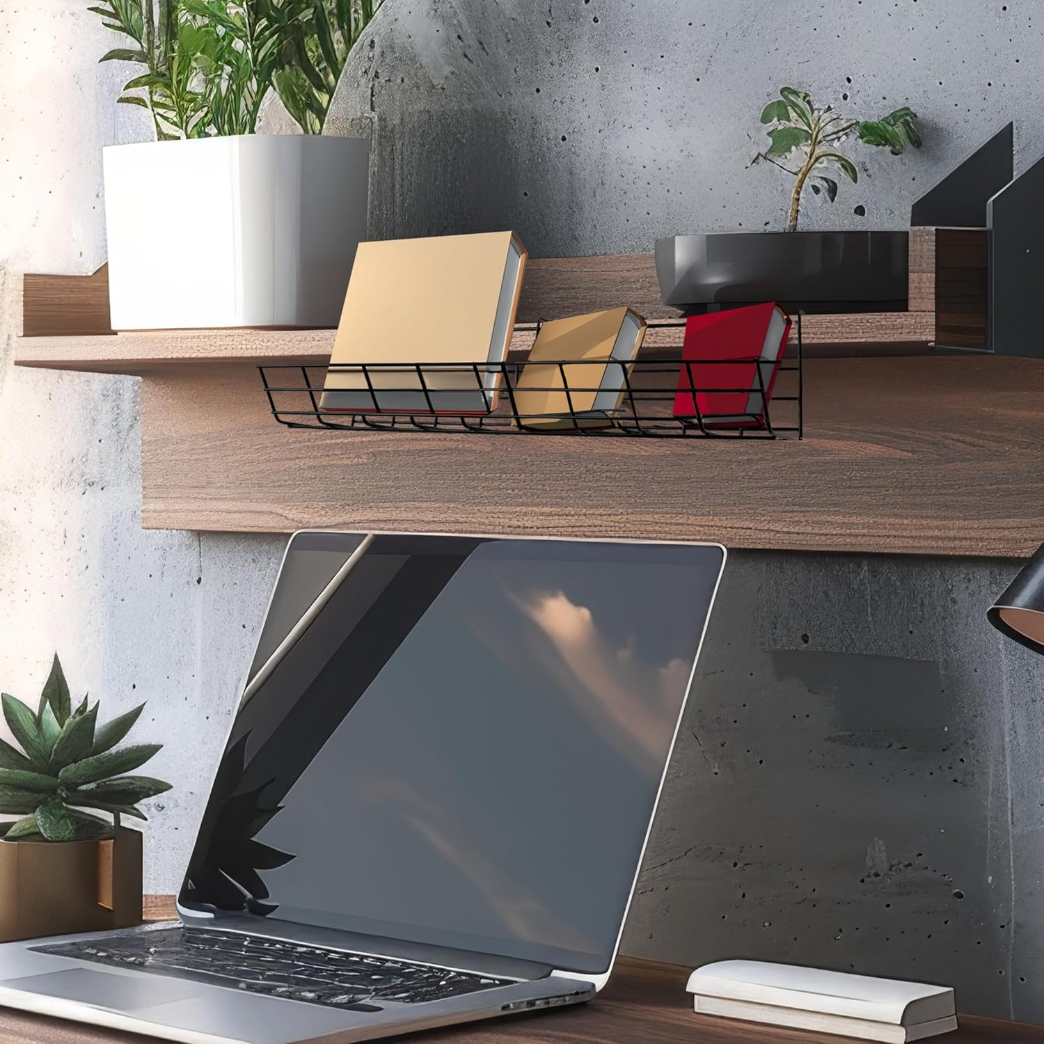 Schreibtisch mit Laptop, Büchern in einem Drahtkorb und einer Sukkulentenpflanze.