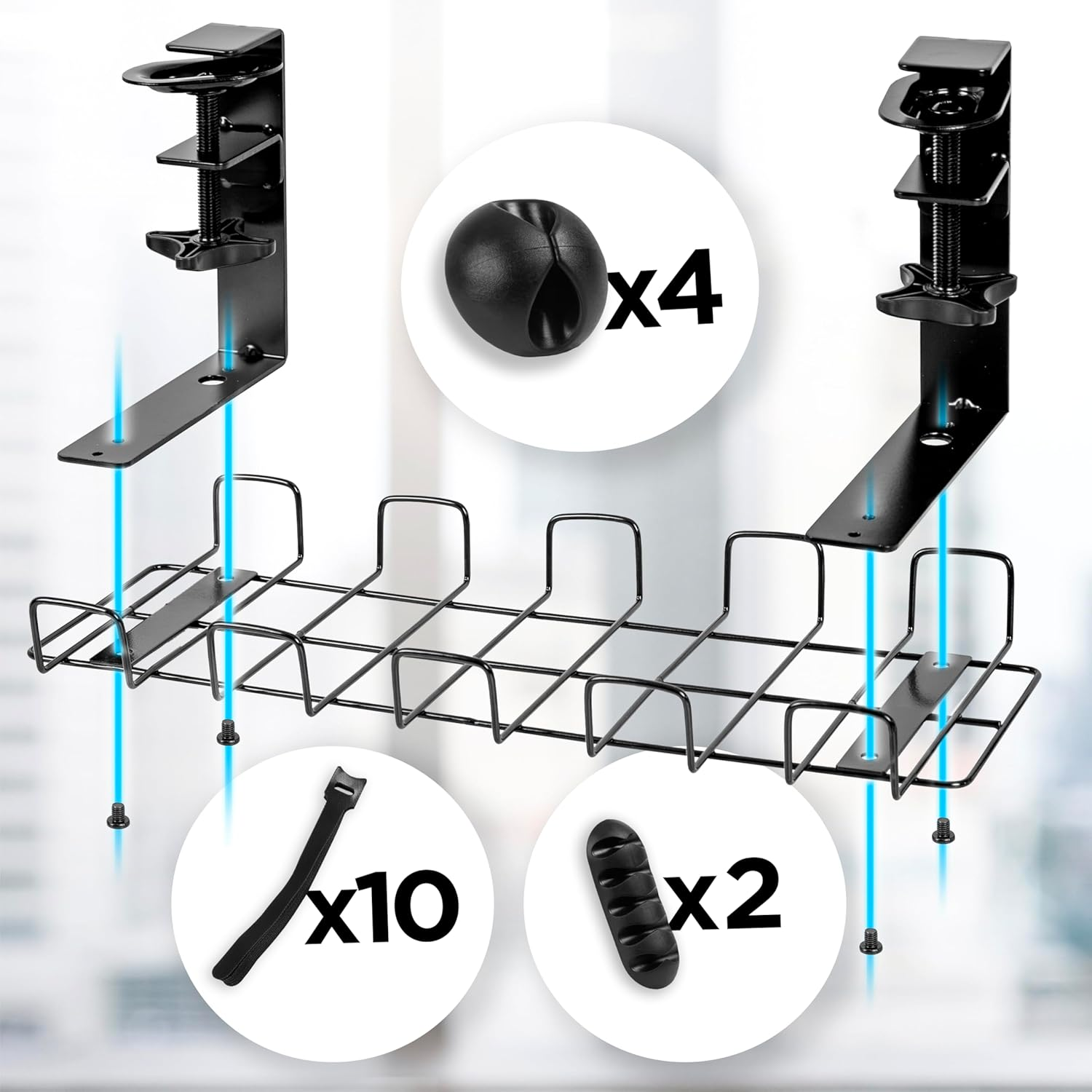 Ein schwarzer Kabelorganisator mit Klemmen, Kabelbindern und Kabelclips.