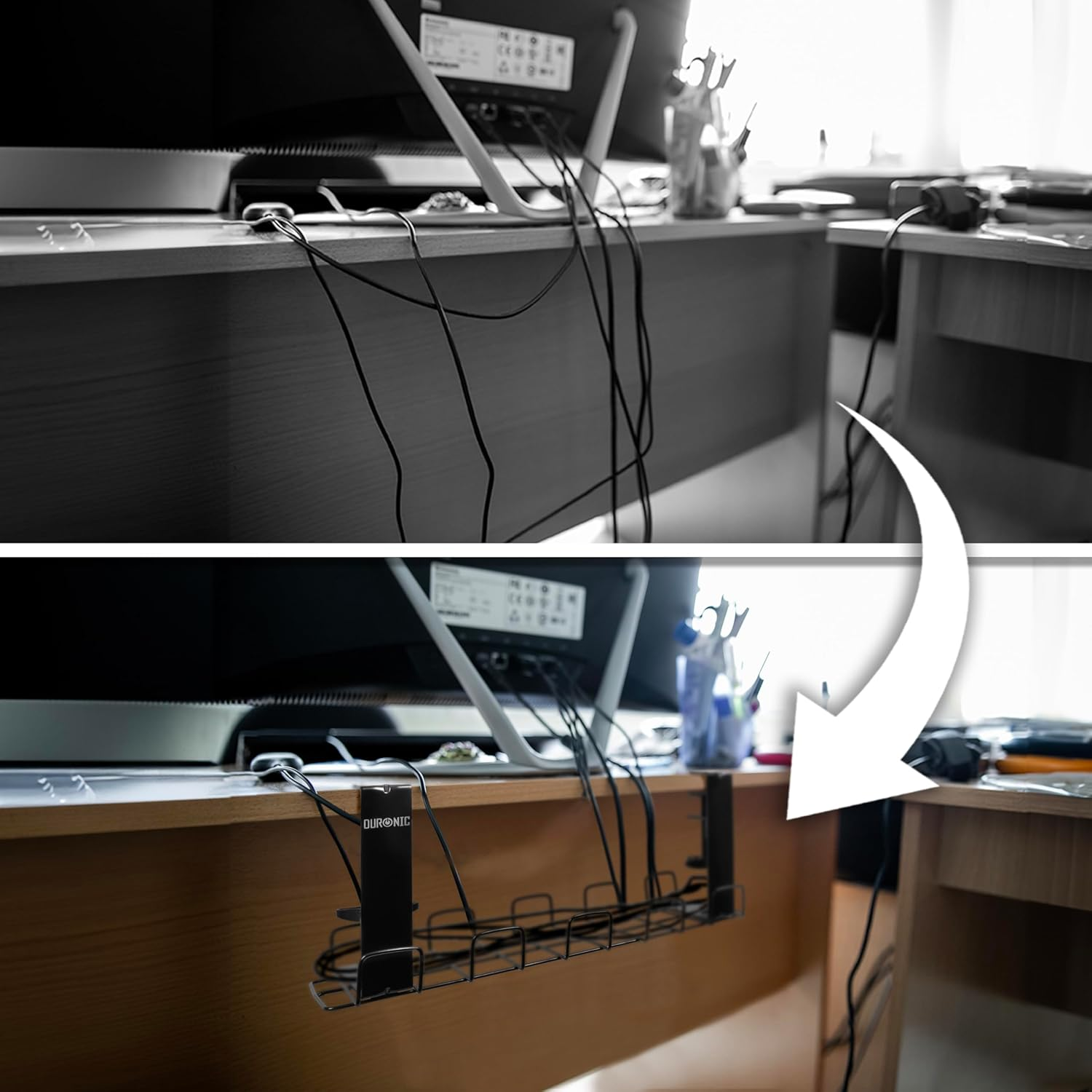 Vorher-Nachher: Kabel unter einem Schreibtisch mit einem schwarzen Kabel-Organizer organisiert.