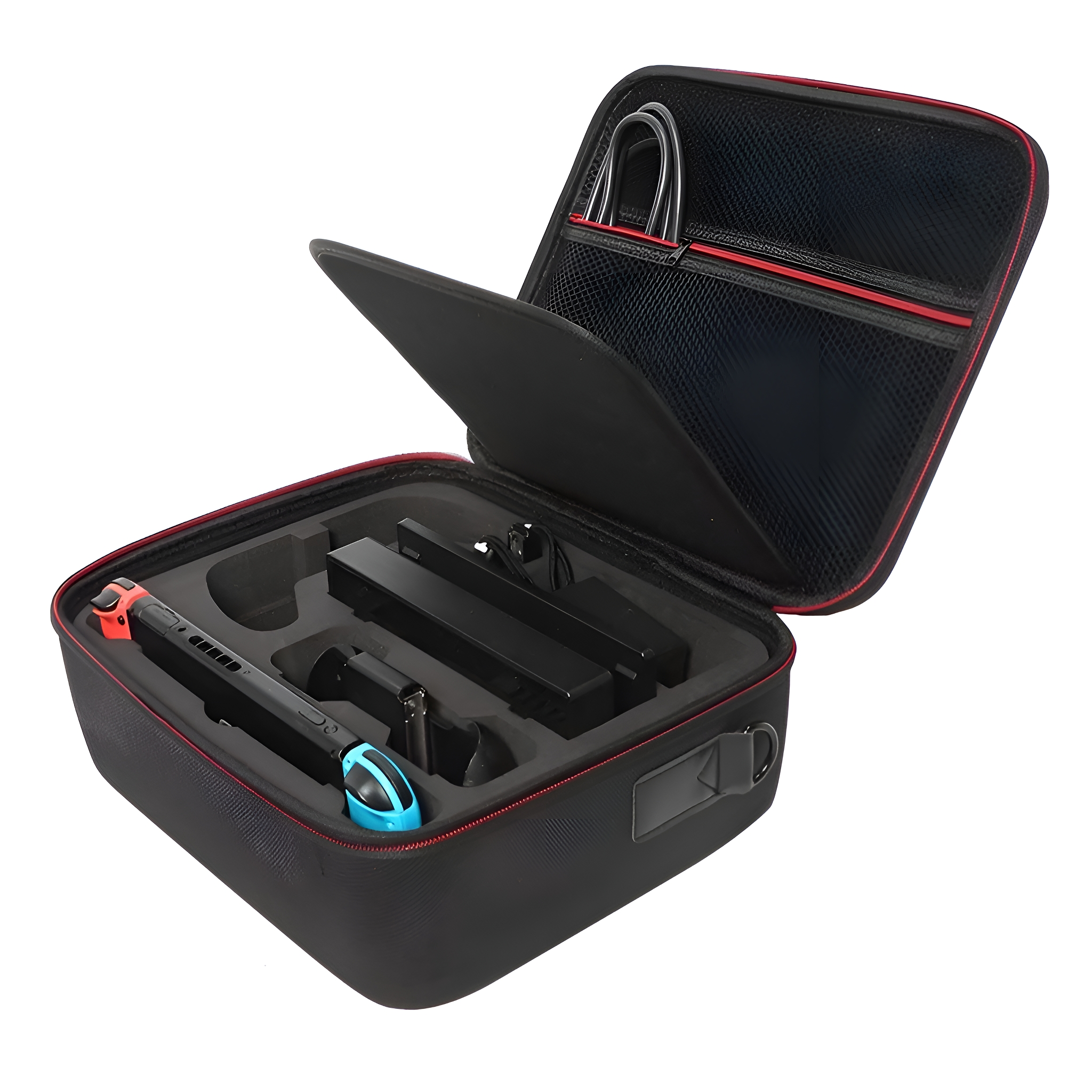 Geöffnete schwarze Reisetasche mit roter Umrandung. Innen befinden sich eine Switch-Konsole, ein Ladegerät und Zubehör.