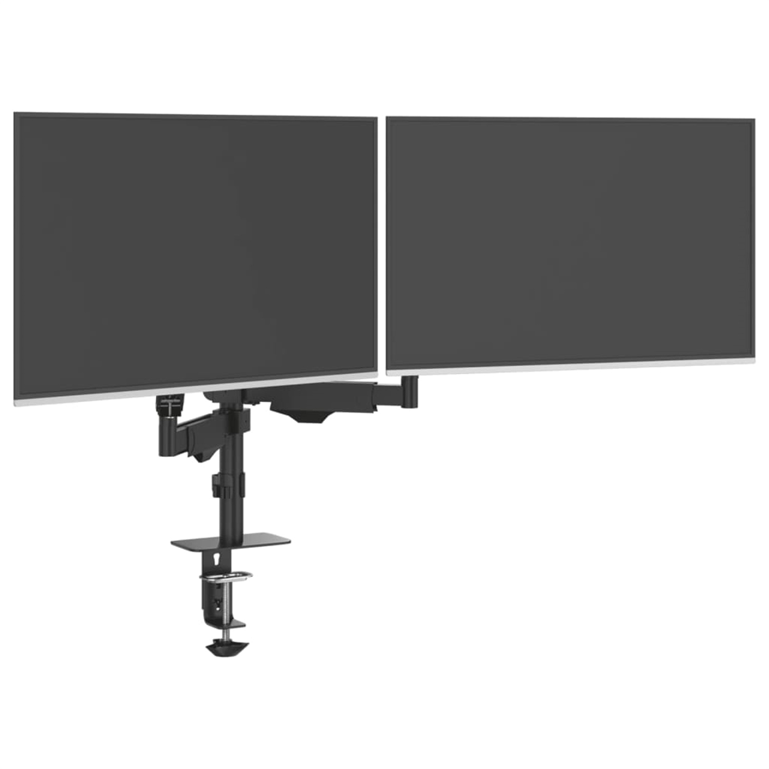 Zwei Monitore, die auf einem Schreibtisch montiert sind, mit einem schwarz-silbernen Montagesystem.