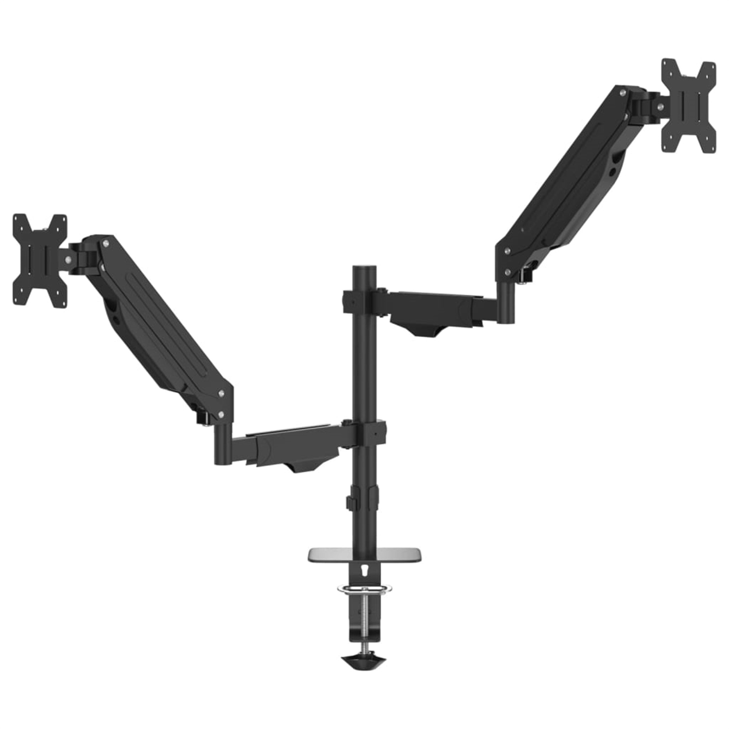 Ein schwarzer Monitorarm, der zwei Monitore trägt. Der Ständer ist an einer Klemme befestigt.