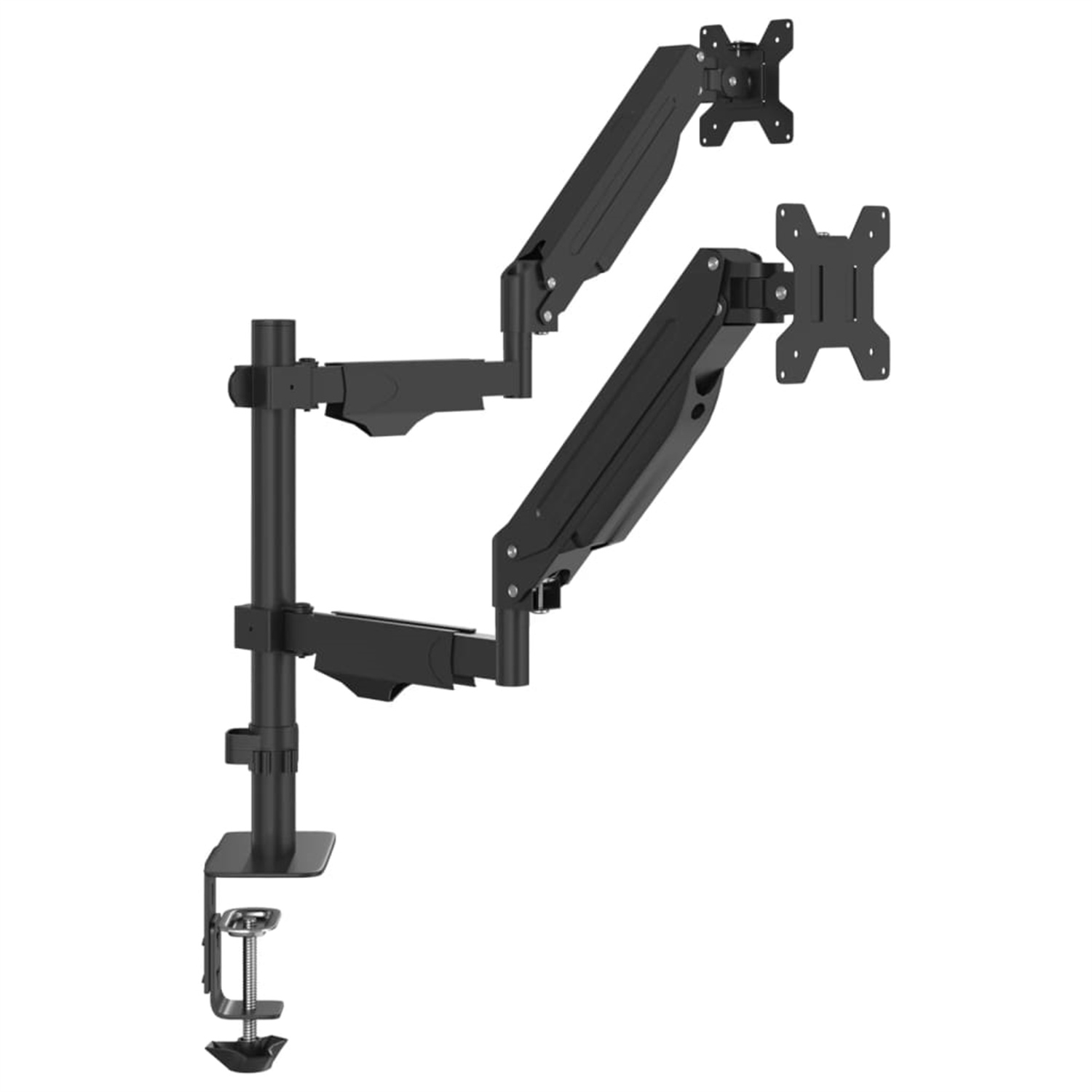 Ein schwarzer Doppelmonitorarm, der mit einer Klemme an einem Schreibtisch befestigt ist, vor weißem Hintergrund.