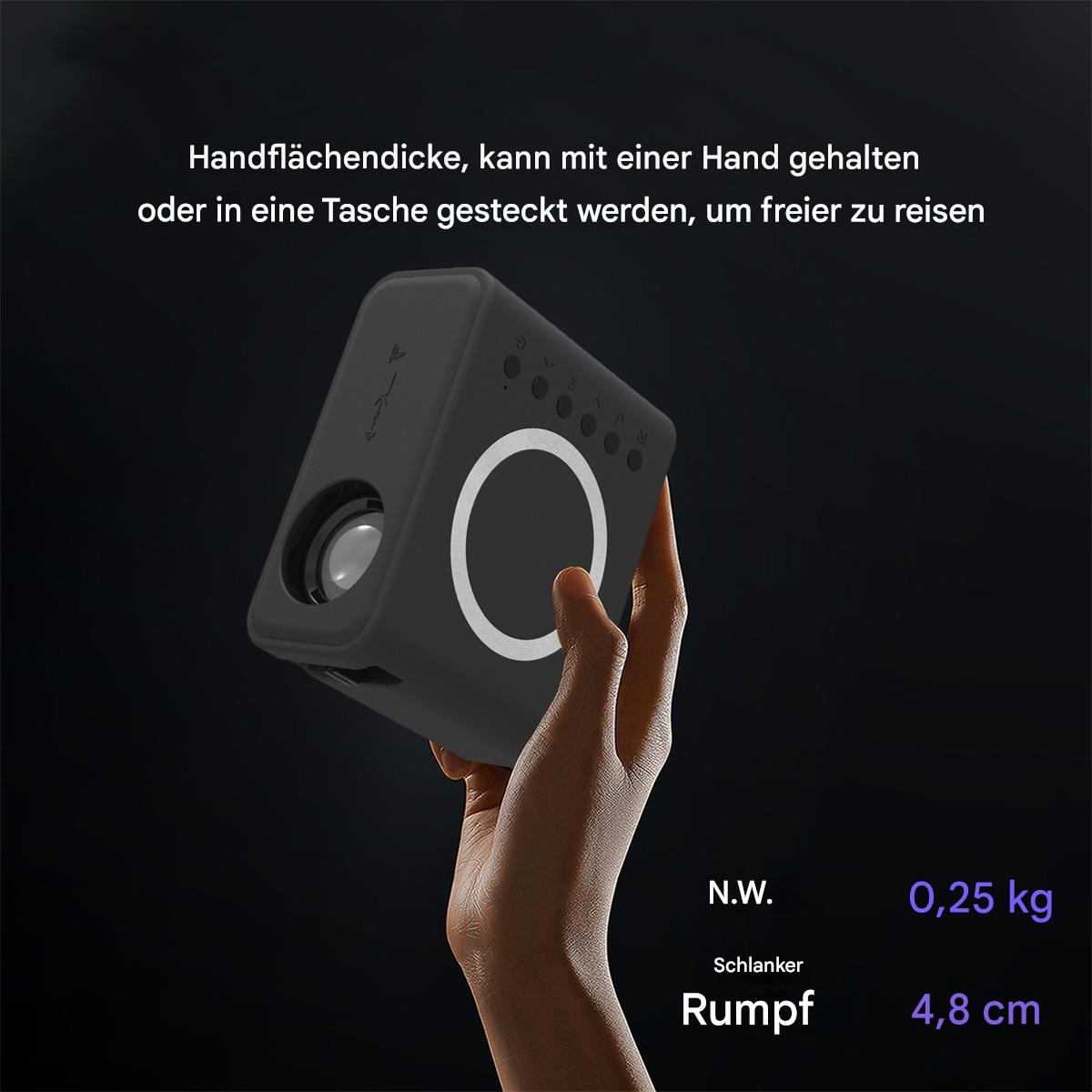 Ein schwarzer Mini-Projektor in der Hand, zeigt Details des Projektors.
