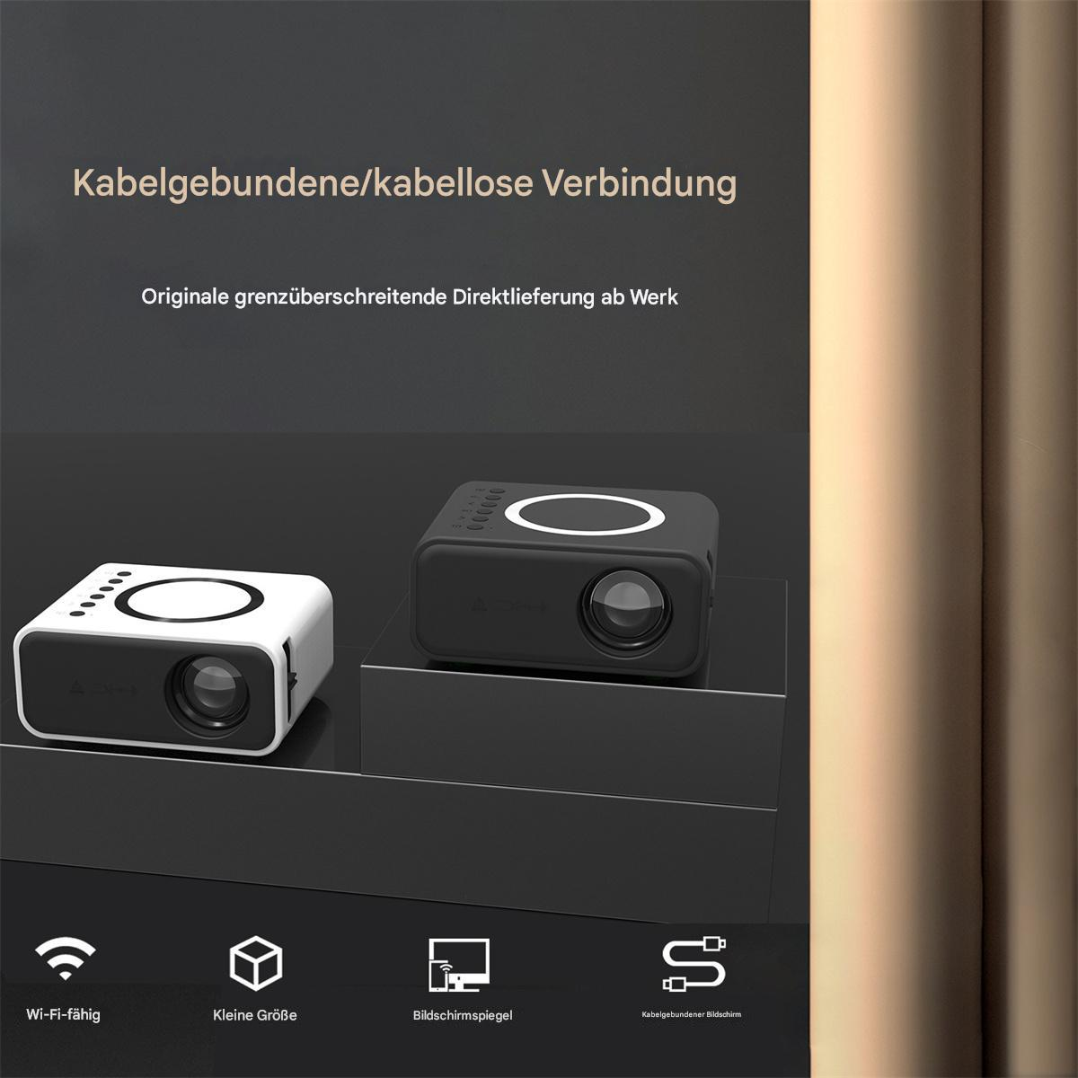 Zwei kleine Projektoren, einer weiß und einer schwarz, mit Symbolen und Text, präsentiert auf schwarzer Oberfläche.