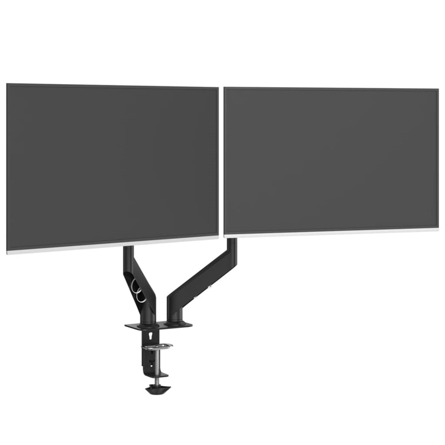 Zwei Computermonitore an einem schwarzen Arm und Klemme vor weißem Hintergrund.