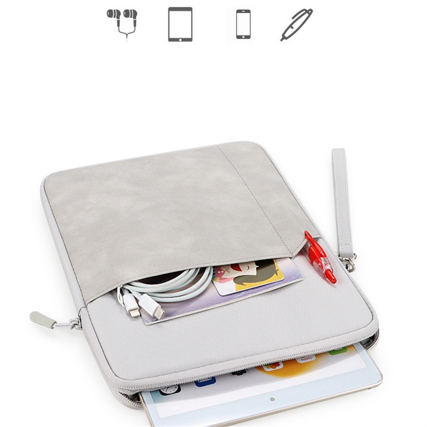 Graue Laptoptasche mit Reißverschluss, mit Tablet, Kabeln, Stift und Karte.