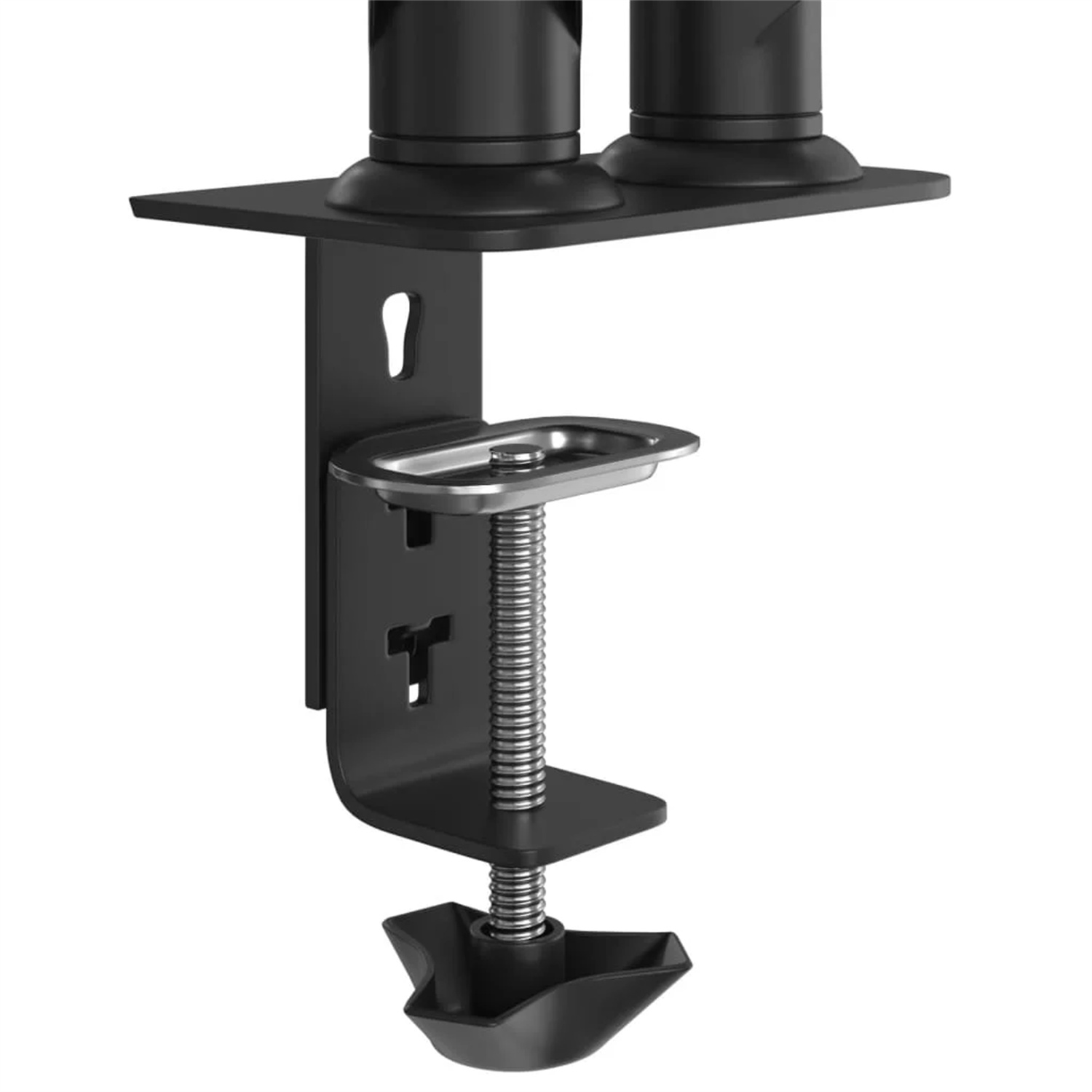 Schwarze Monitorhalterung. Verstellbare Klemme mit Schraube und Feder. Metallhalterung zur Befestigung.