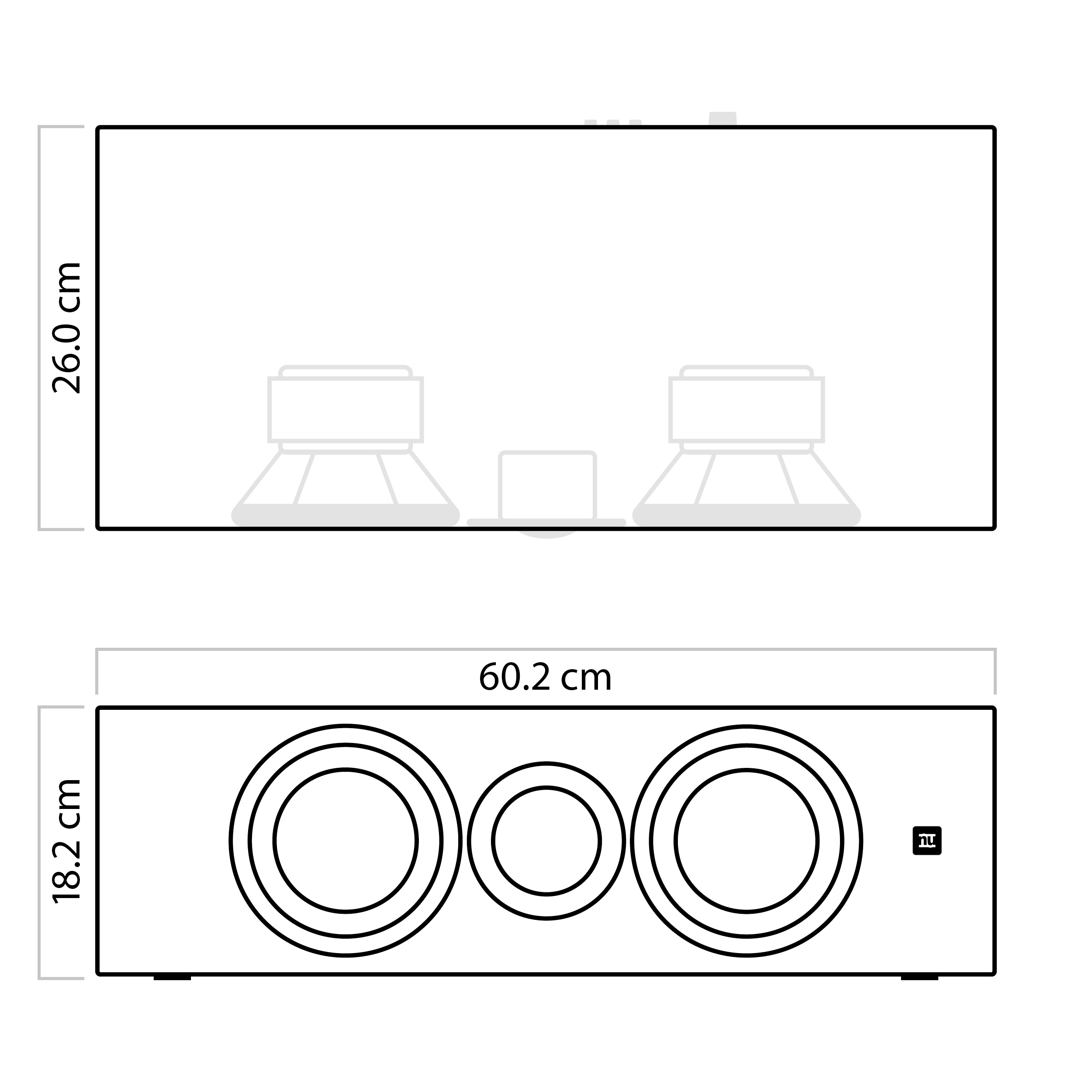Diagramm einer Soundbar mit Maßangaben, das Lautsprecher und ein Bedienfeld zeigt.