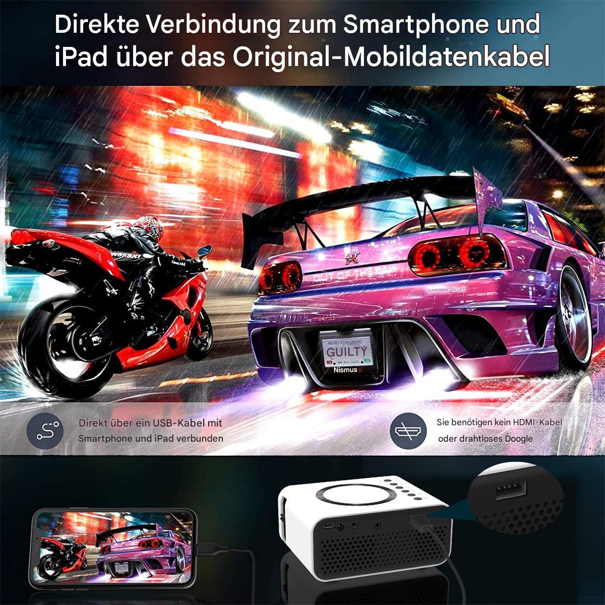 Ein Bild eines Projektors und einer Autorennszene. Der Text besagt, dass es sich mit einem Smartphone oder iPad verbindet.