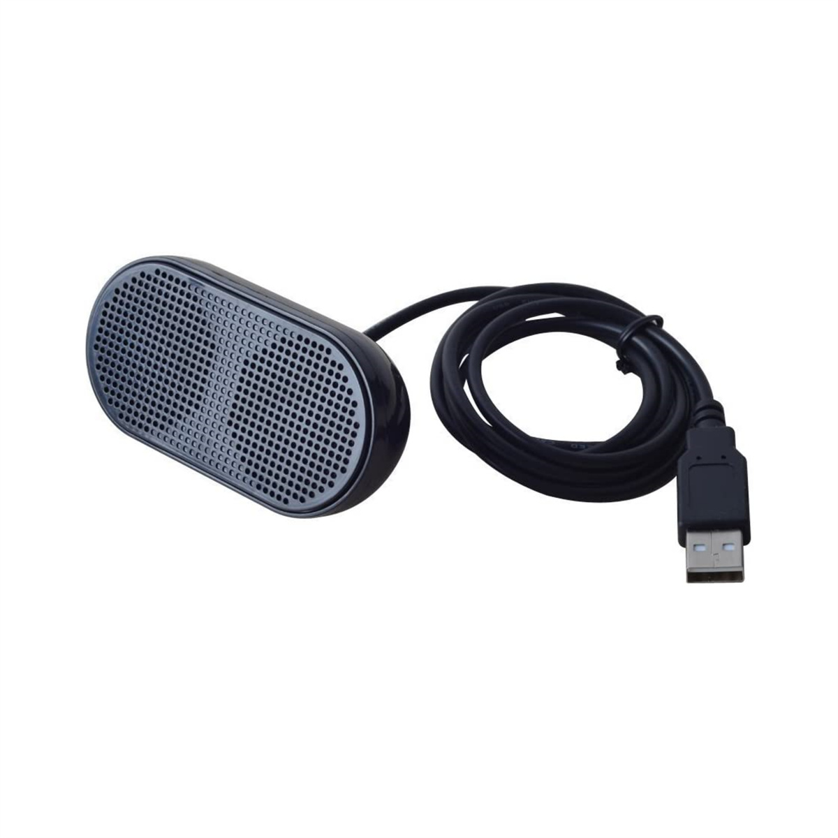 Ein schwarzer ovaler Lautsprecher mit einem USB-Kabel, gezeigt auf weißem Hintergrund.