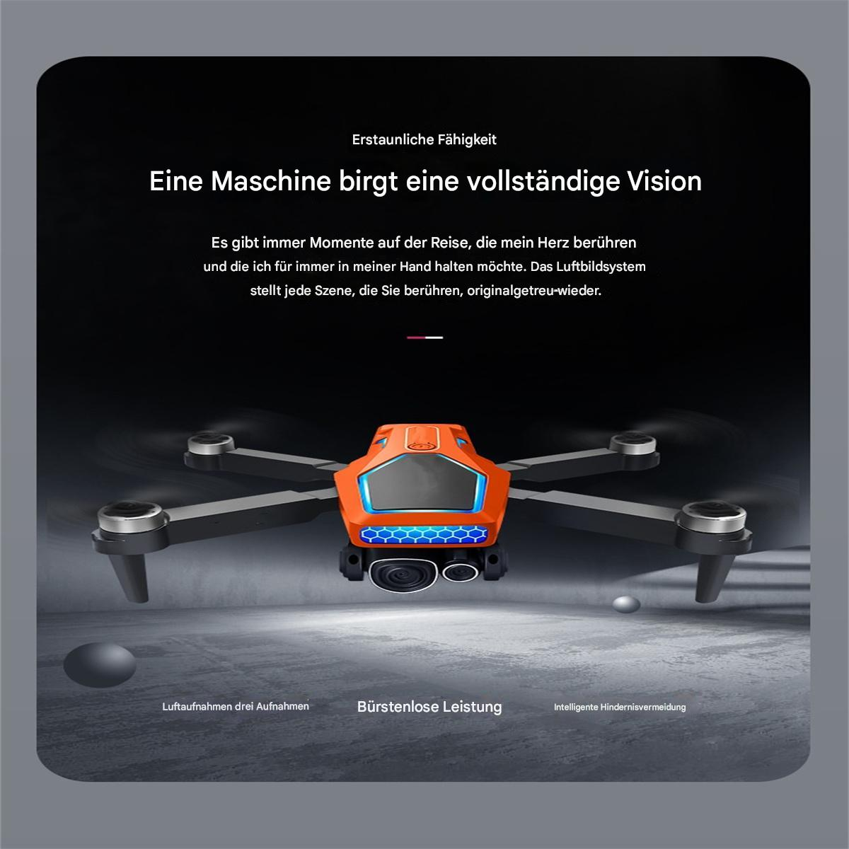Orange-schwarze Drohne in der Mitte. Text unten: drei Aufnahmen, bürstenlose Leistung und Hindernisvermeidung.